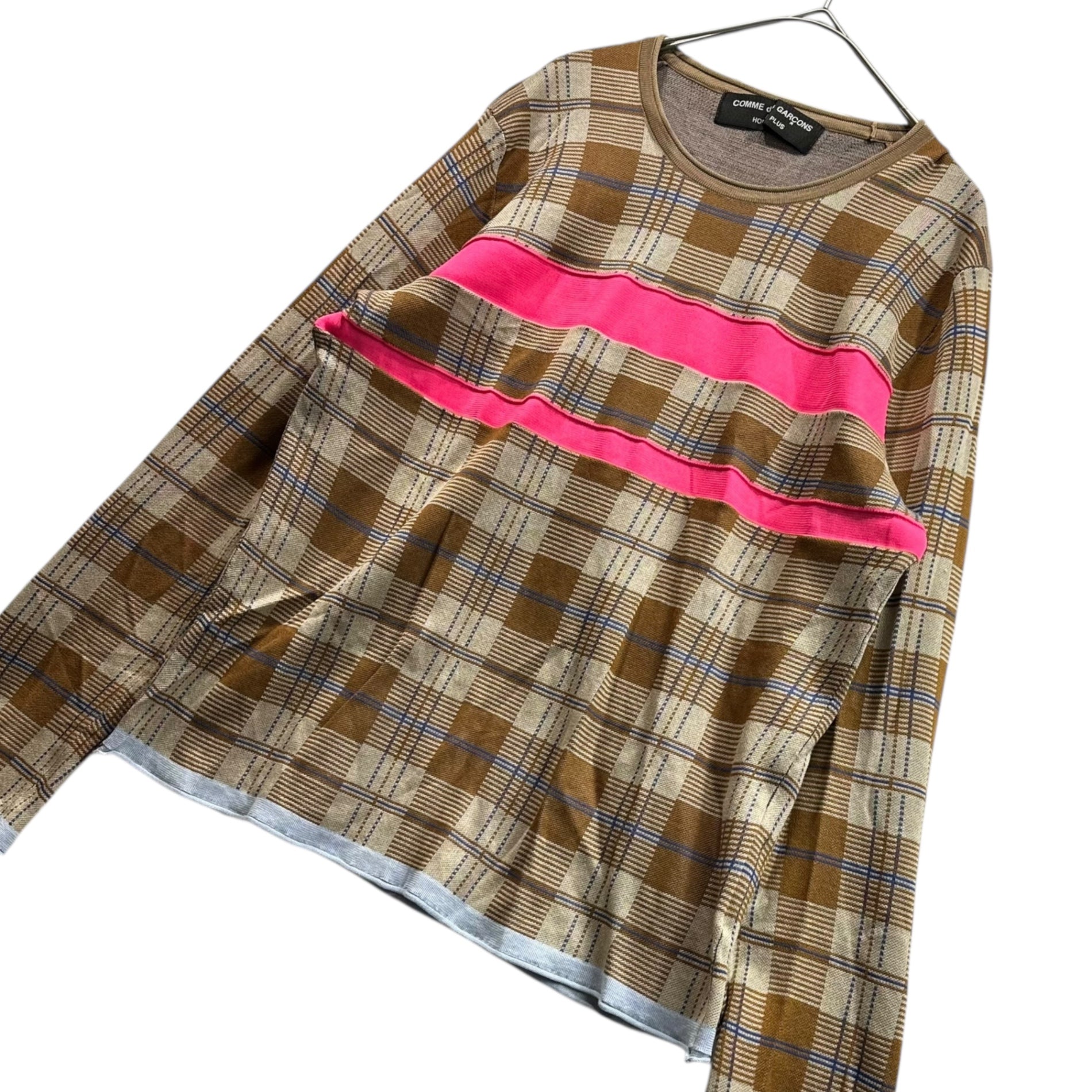 COMME des GARCONS HOMME PLUS(コムデギャルソンオムプリュス) 02SS Fluorescent Check & Fluorescent Line Crew Neck L /S Knit Sweater 蛍光期 チェック & 蛍光ライン クルーネック 長袖 ニットソー PE-N019 L ブラウン×ピンク AD2001 アーカイブ