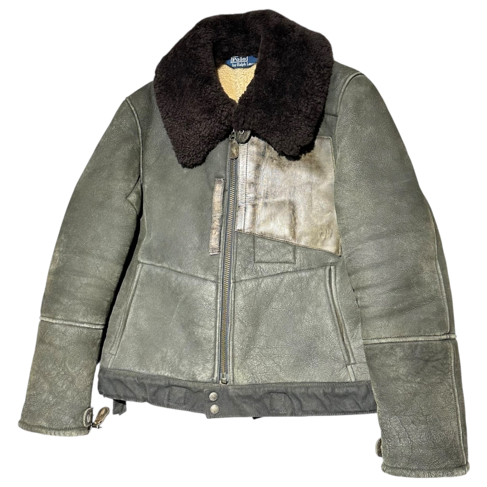 POLO RALPH LAUREN(ポロラルフローレン) 90's Vintage-processed genuine mouton flight jacket 90年代 ヴィンテージ加工 ムートン フライト ジャケット JR-RL-LW3810 L グレー×ブラウン インパクト21タグ
