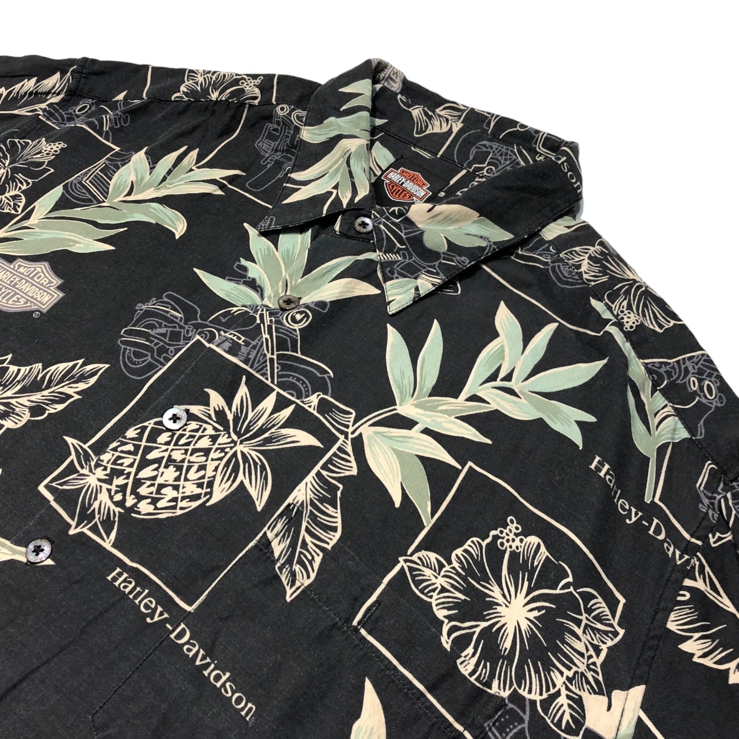 HARLEY DAVIDSON(ハーレーダビッドソン) Silk cotton aloha shirt シルク コットン アロハ シャツ 半袖 総柄  アイビスカス 2XL ブラック