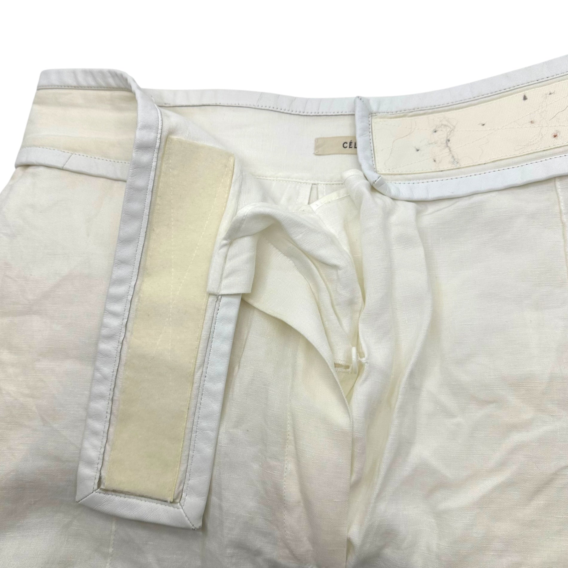 CELINE(セリーヌ) By PHOEBE Waistband Leather-Trimmed Linen Wide-Leg Pants フィービー期 ウエスト レザー 切替 リネン ワイド パンツ 21P32 40(L程度) オフホワイト アーカイブ