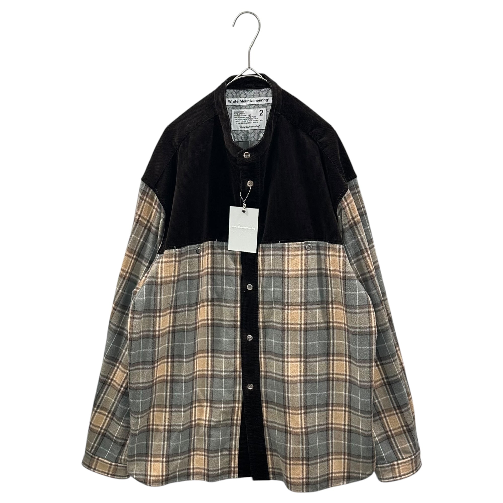 White Mountaineering(ホワイトマウンテニアリング) 2025AW MID GUSSET SLEEVE BAND COLLAR TARTAN SHIRT ミッド ガセット スリーブ バンドカラー タータン チェック シャツ WM2573102 2 グレー×ブラウン