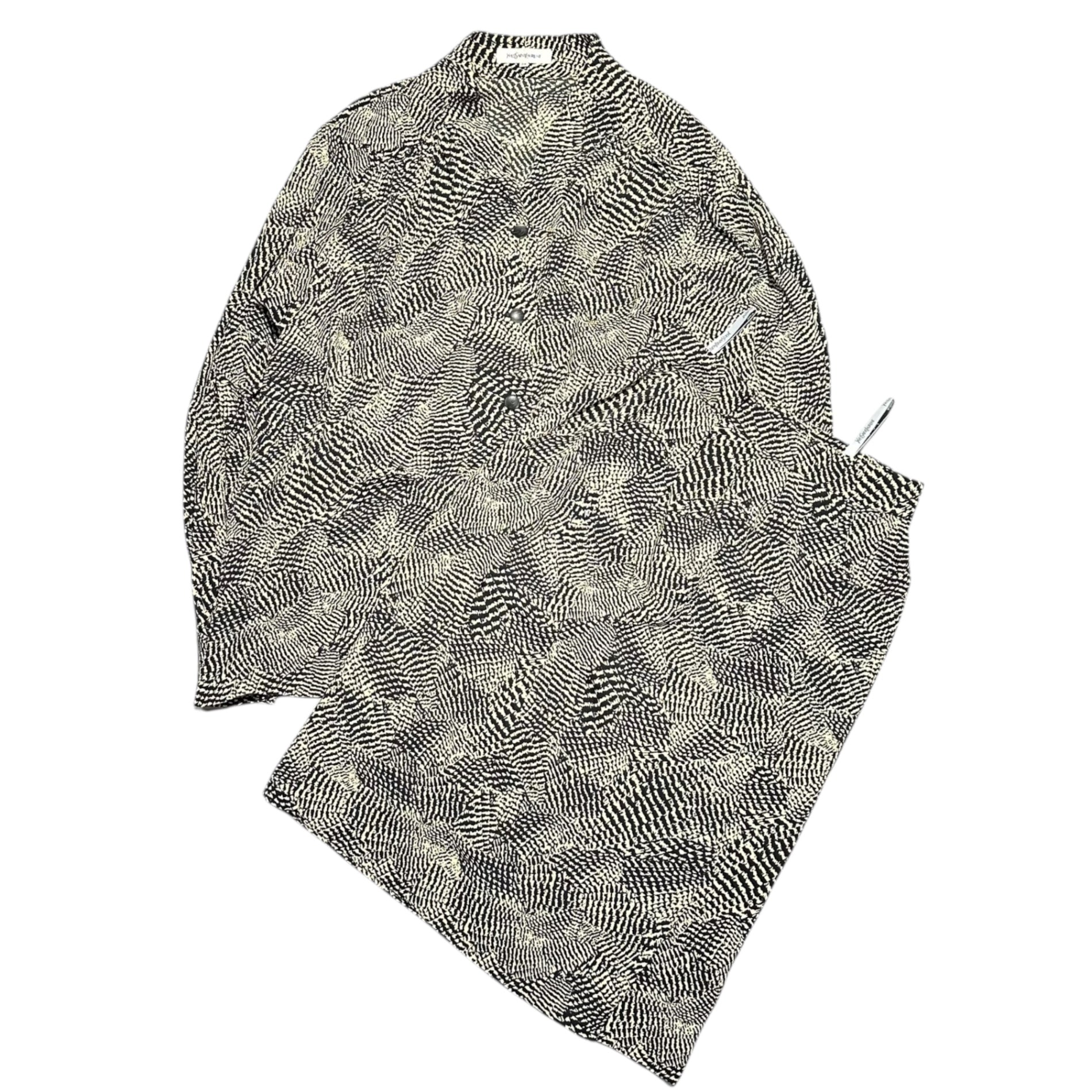 YVES SAINT LAURENT(イヴサンローラン) Open-collar all-over print blouse オープンカラー 総柄 ブラウス スカート セットアップ HTA64-681 TOP：34(XS程度) BOTTOM：36(S程度) ベージュ×ブラック
