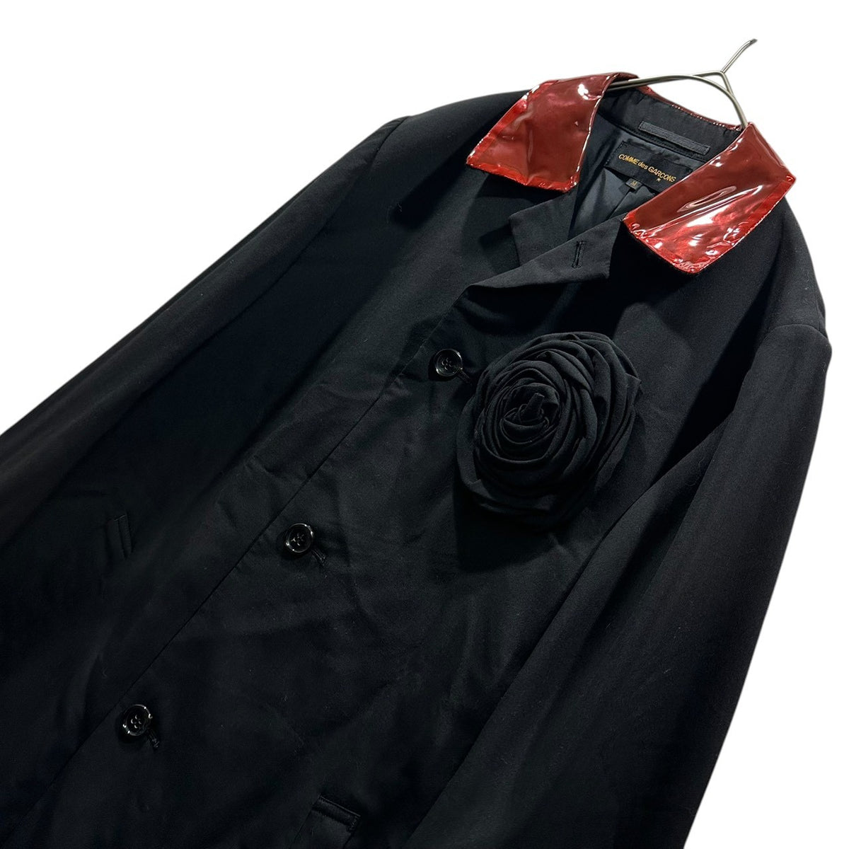 COMME des GARCONS(コムデギャルソン) 1991AW Vinyl-Color Flower-Corsage Wool Long Coat ビニール カラー フラワー コサージュ ウール ロング コート GC-05001M M ブラック×レッド AD1991 90s アーカイブ