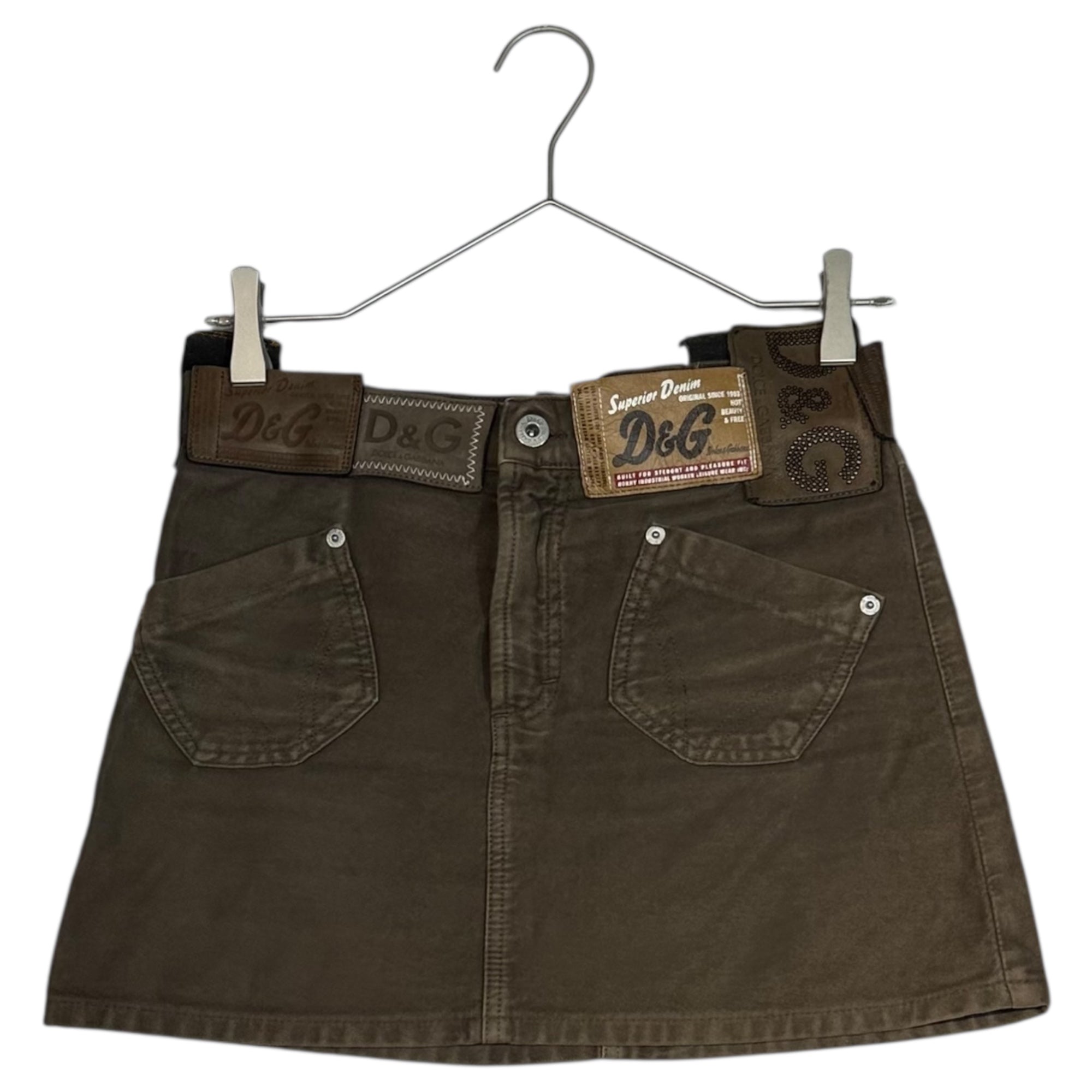 D&G(ディー&ジードルガバドルチェ&ガッバーナ) 00's Large quantity Patches Design Mini Skirt 00年代 多量 パッチ デザイン ミニ スカート 24 ブラウン