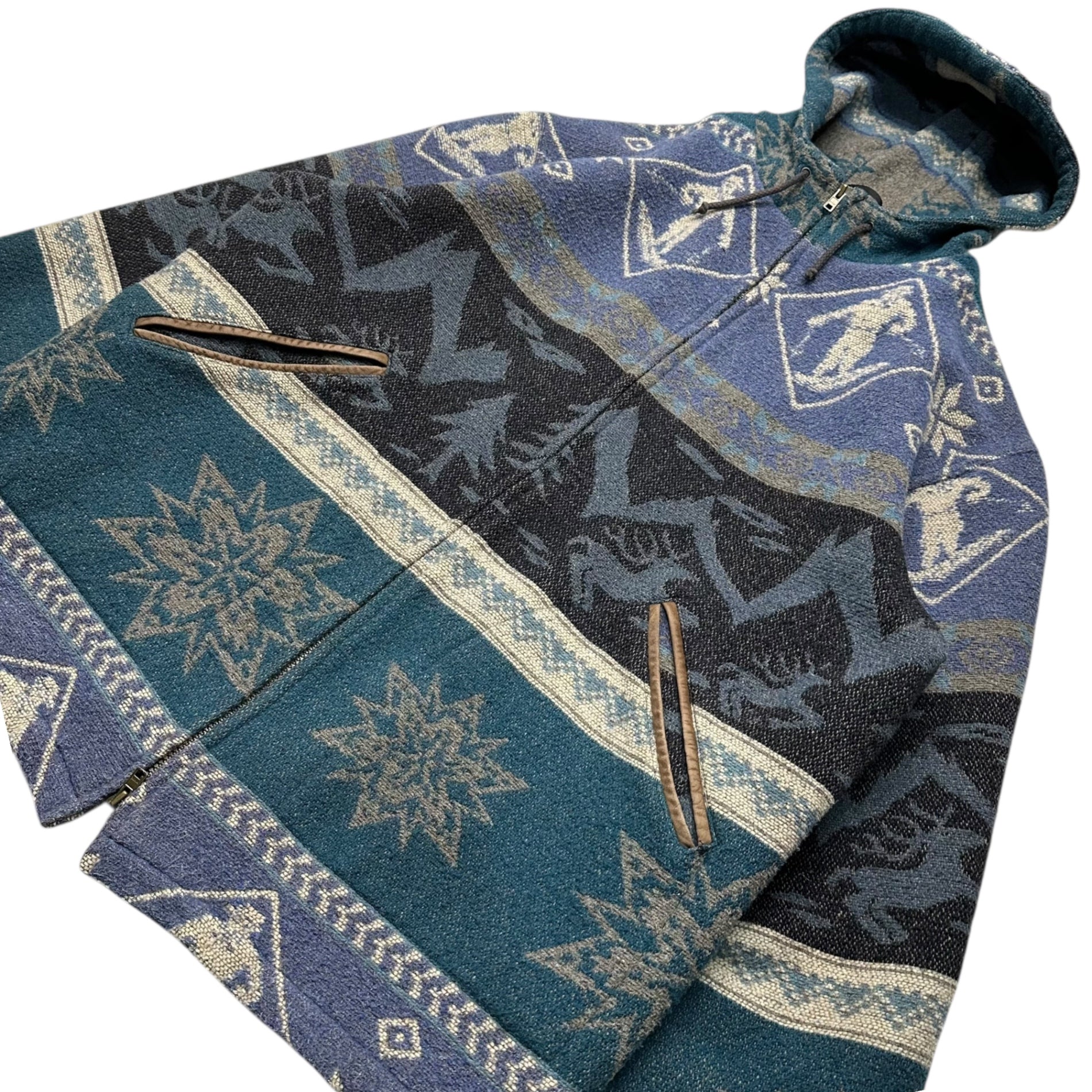 L.L.BEAN(エルエルビーン) 80`s～90‘s zip up Wool Hooded Jacket ノルディック柄 シップ ウール フーデット ジャケット 表記消(XL程度) ブルー 80年代～90年代 ヴィンテージ