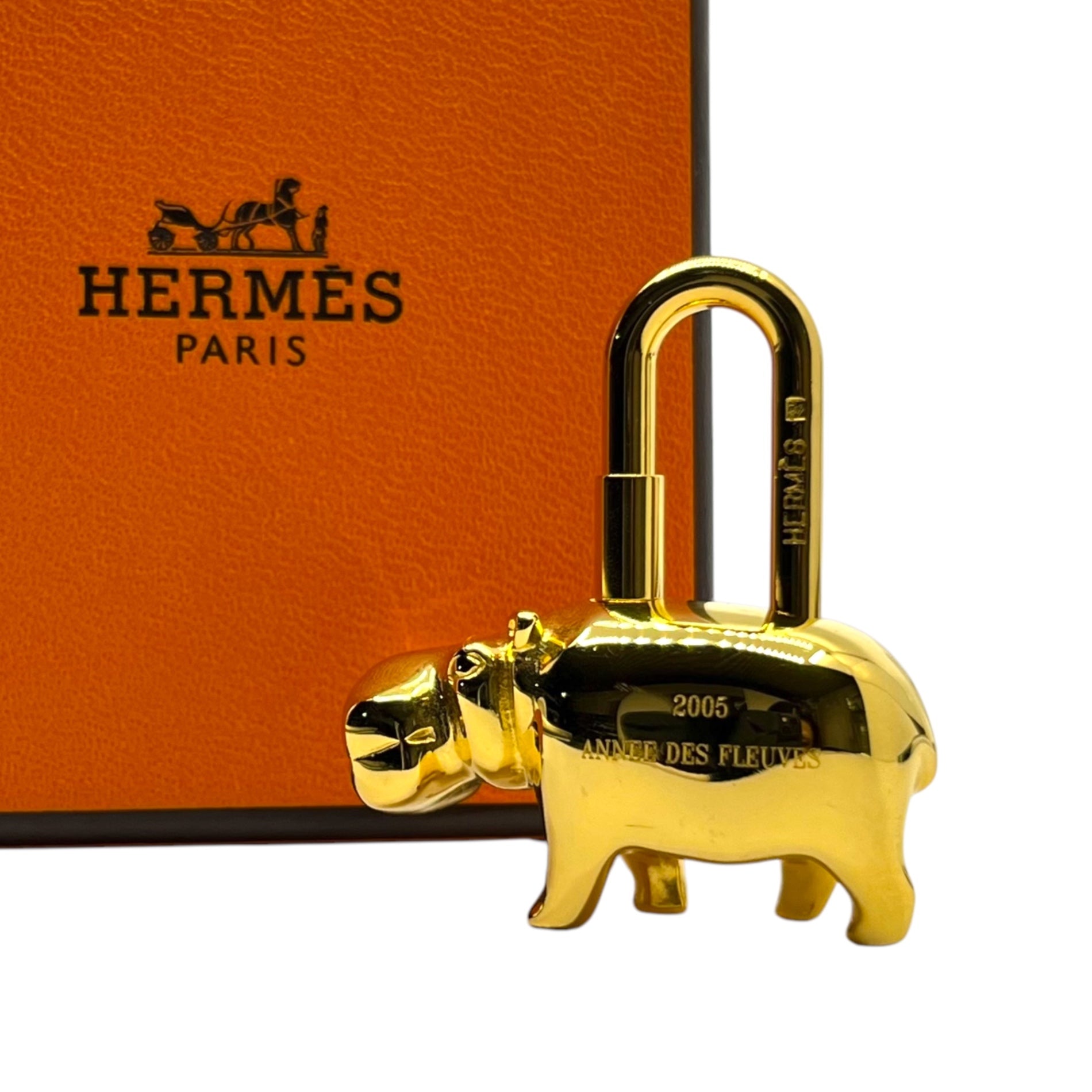 HERMES(エルメス) 2005年限定 hippo cadena charm ヒポポタマス カバ カデナ チャーム 年間テーマ 「Grand fleuve」 大河 ゴールド 箱付 ペンダントトップにも