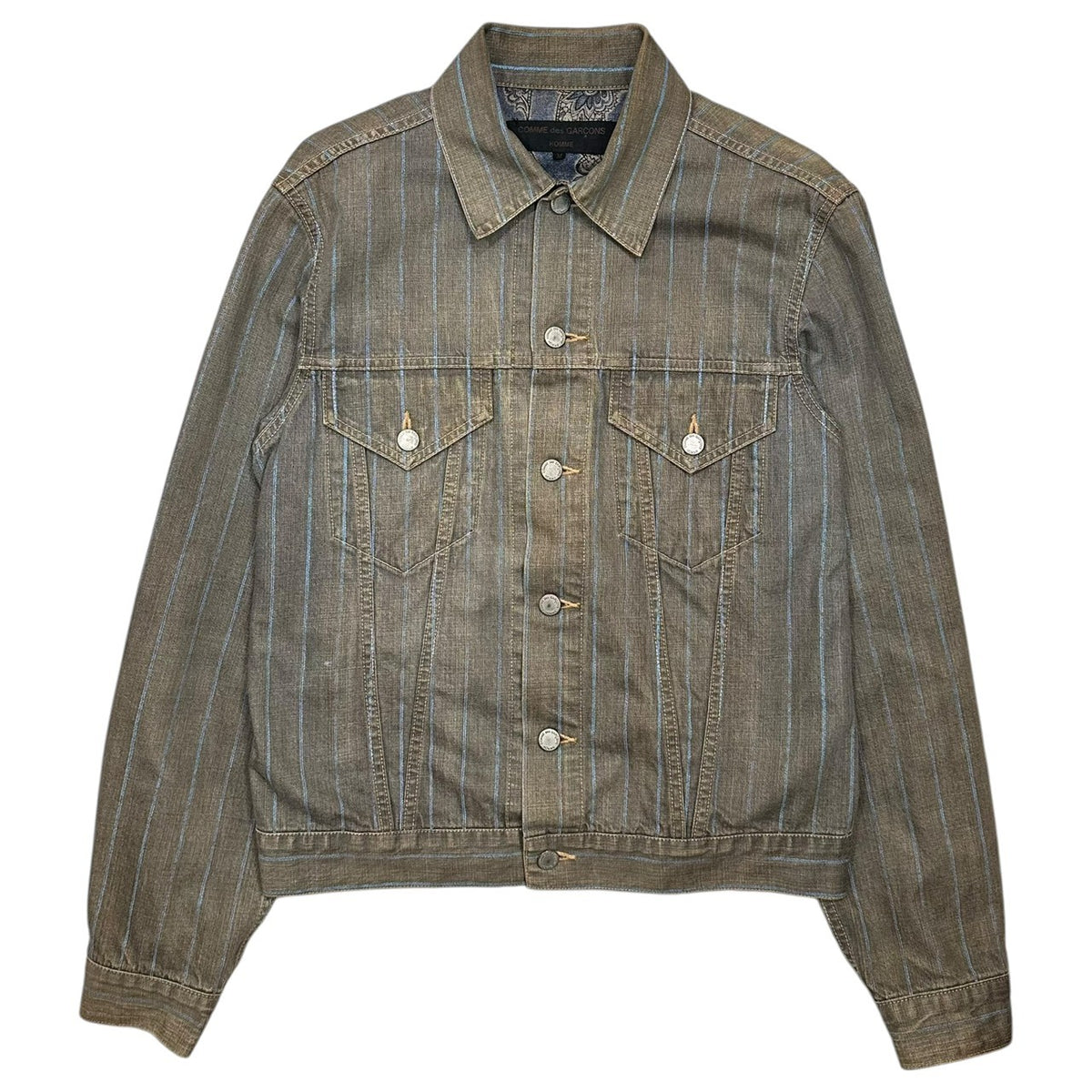 COMME des GARCONS HOMME(コムデギャルソンオム) 2003SS Paisley-Lined Striped Trucker Jacket ペイズリーライニング ストライプ トラッカー ジャケット HJ-J070 M グレー×ブルー 田中オム 00's