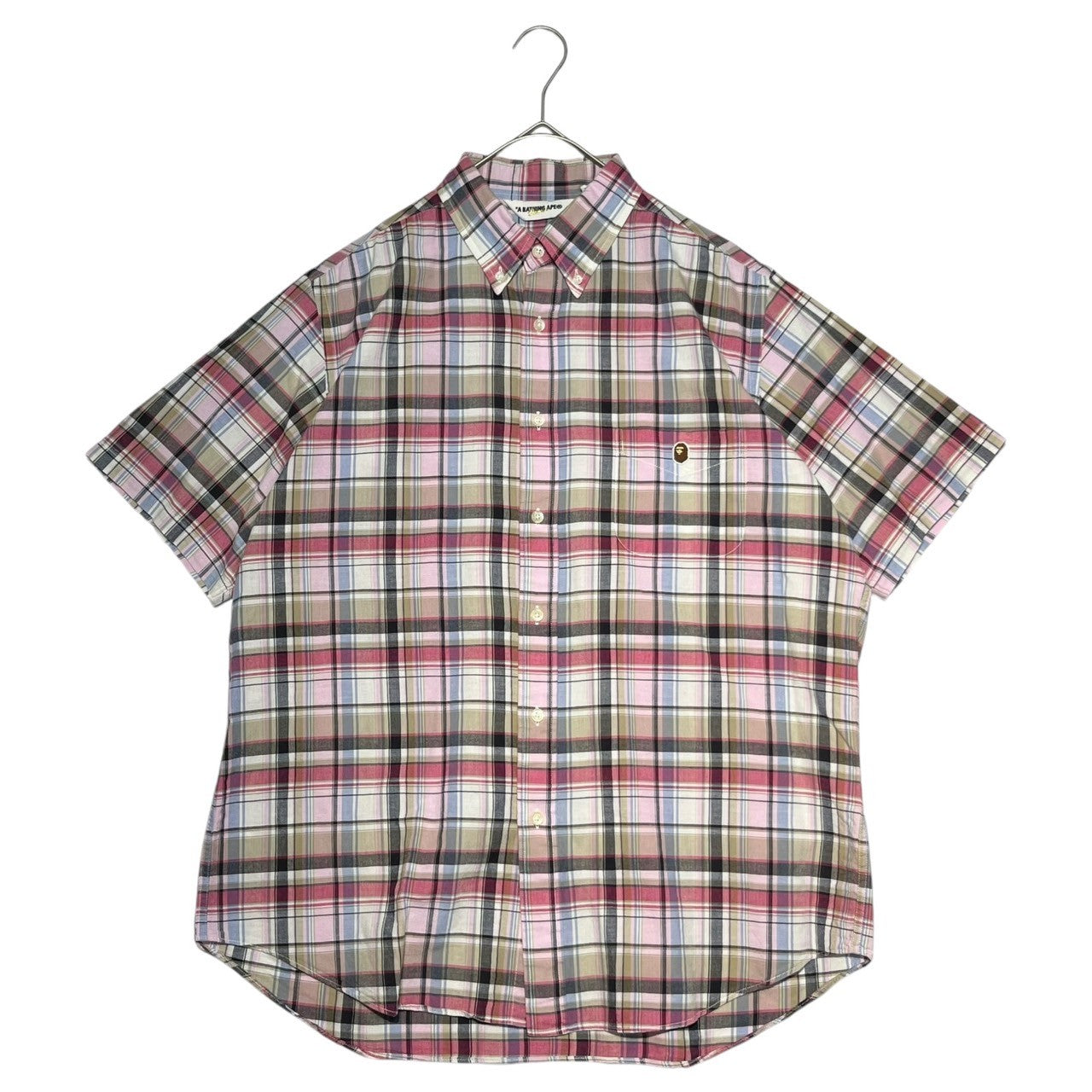 A BATHING APE(アベイシングエイプ) 00's  One point logo check S/S shirt ワンポイントロゴ 半袖 シャツ XL ピンク×ブラウン