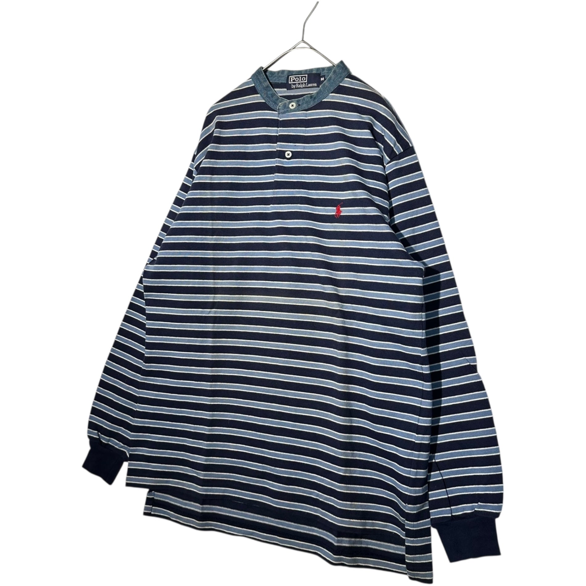 POLO RALPH LAUREN(ポロラルフローレン) 80~90's Denim neck striped henley shirt デニムネック ボーダー ヘンリーネック シャツ M ブルー×ネイビー ナイガイ社製