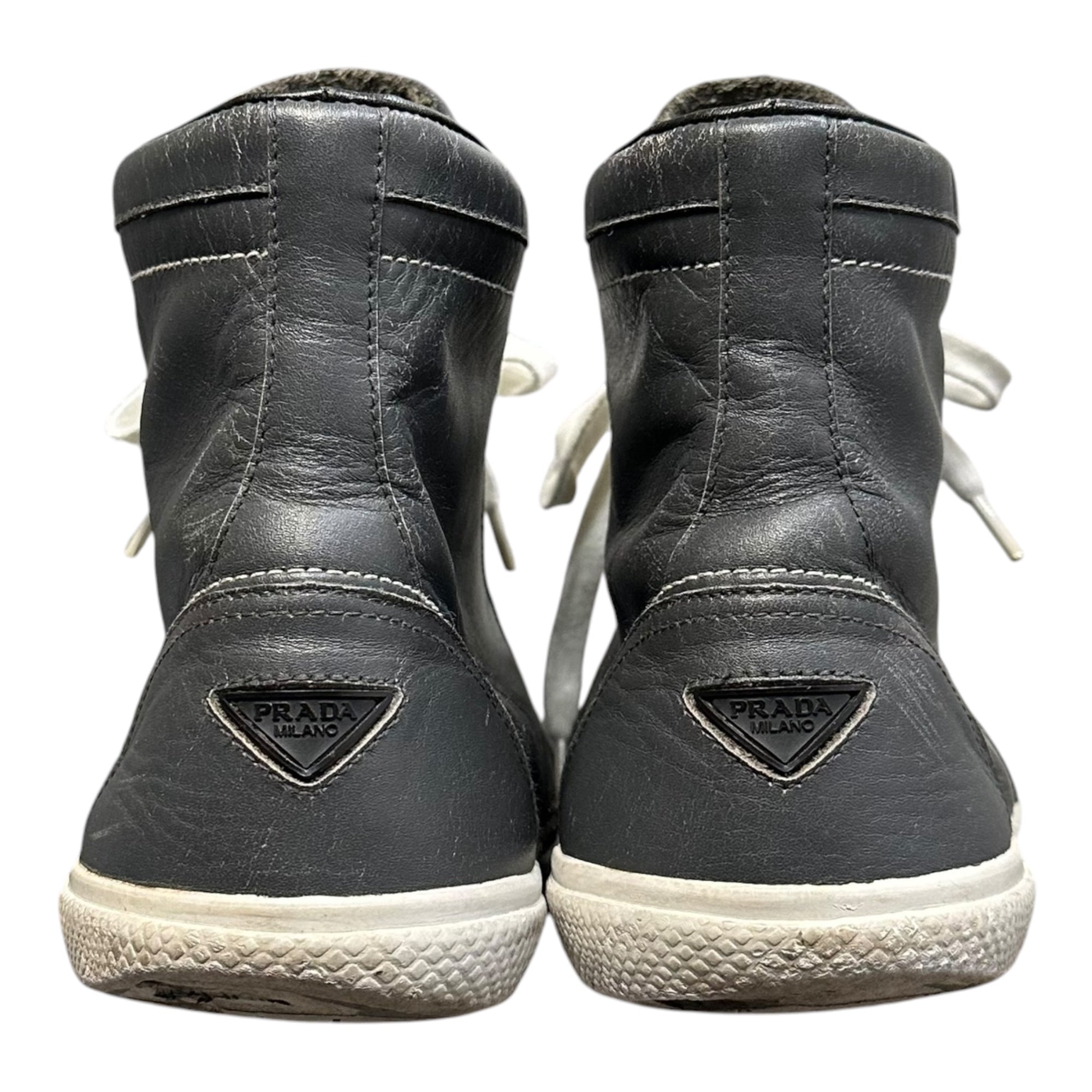 PRADA(プラダ) High-Top Leather Sneakers with Heel Triangle Logo