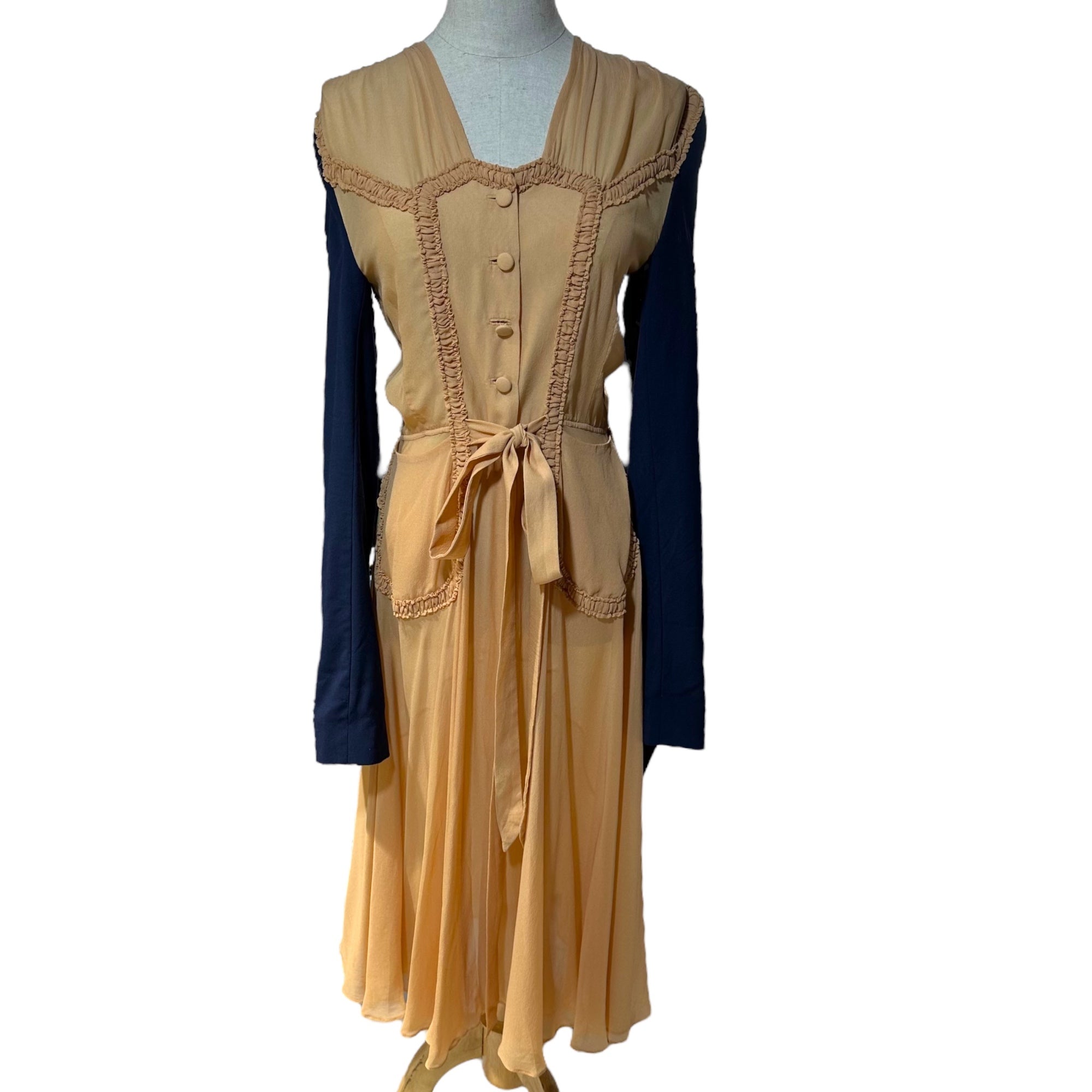 MAISON MARGIELA(メゾンマルジェラ) 21SS Co-Ed Tailored Sleeve Sheer Frill Dress テーラード スリーブ シアー フリル ドレス 表記無(40程度) ベージュ×ネイビー 白タグ