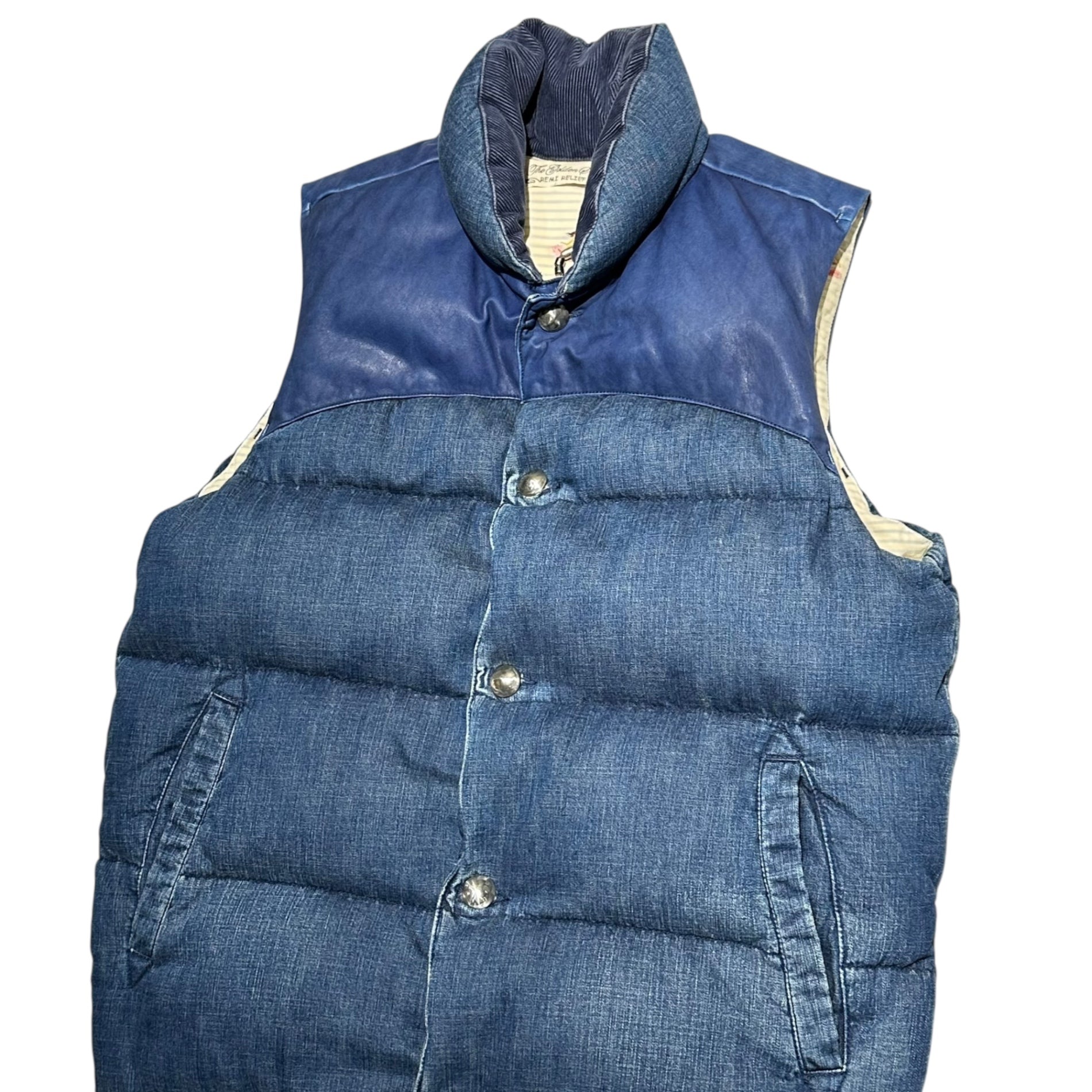 REMI RELIEF(レミレリーフ) York Leather Denim Down Vest ヨーク レザー デニム ダウン ベスト L インディゴ コンチョ ボタン