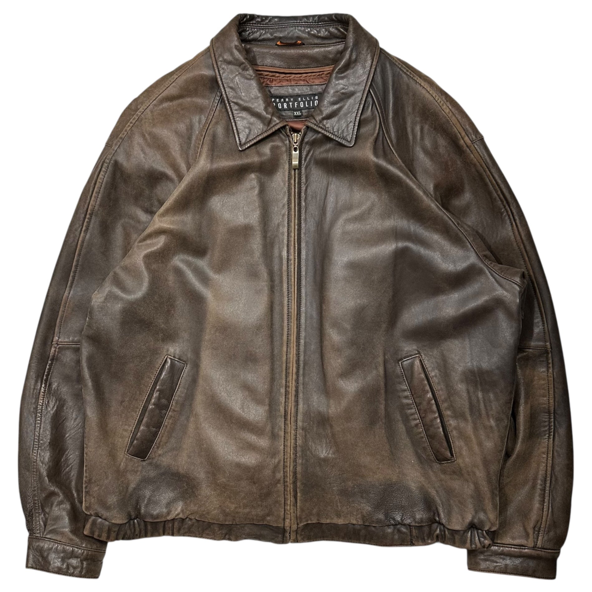 PERRY ELLIS PORTFOLIO(ペリーエリスポートフォリオ) 90's Quilted Liner Lamb Leather Jacket キルティングライナー ラム レザー ジャケット XXL ブラウン ジップアップ ヴィンテージ
