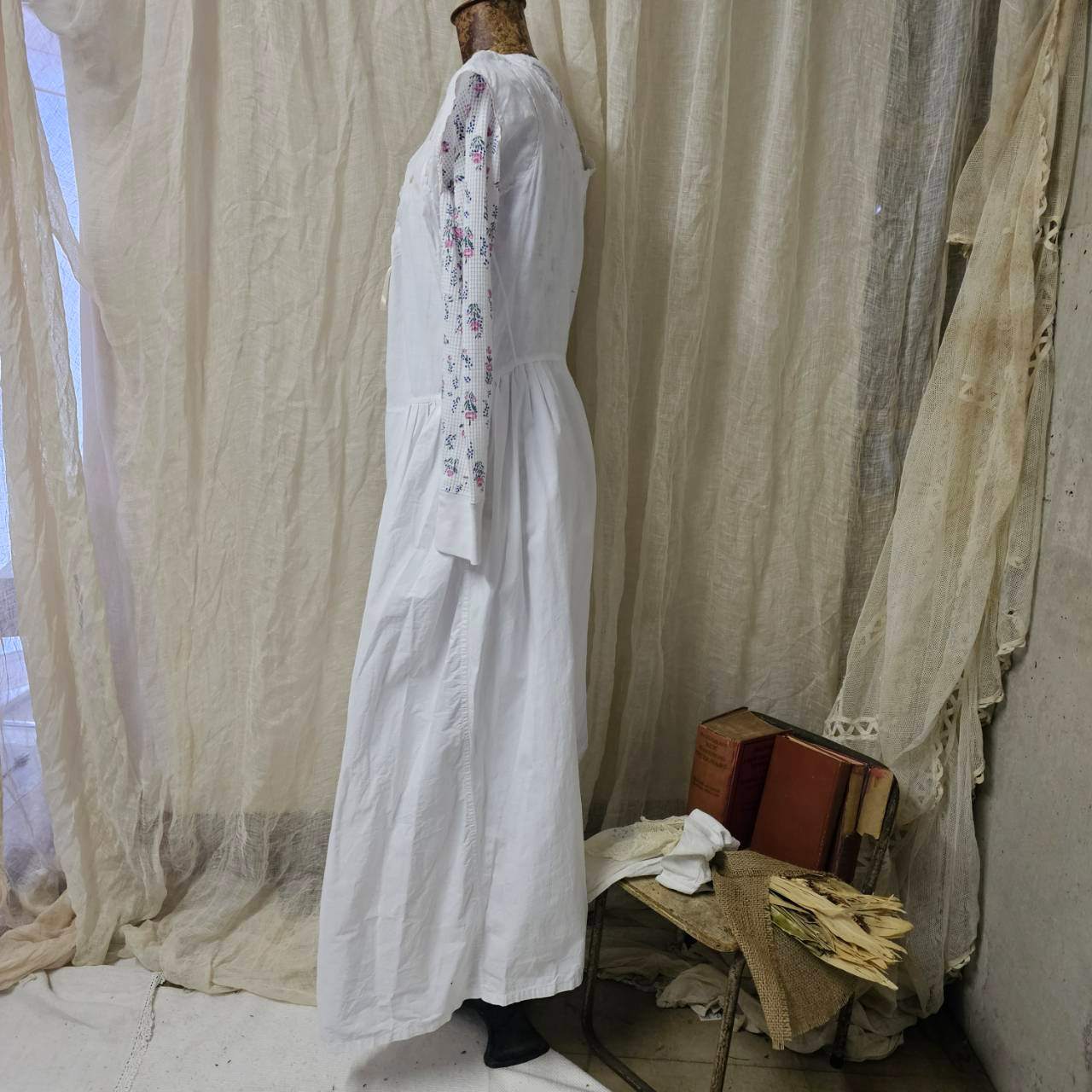 Euro antique(ヨーロッパアンティーク) 20’~30's piping stich remake nighty dress onepiece パイピングリボン付きリメイクコットンナイティドレス /ワンピース 表記無し(M～Lサイズ程度) ホワイト×ペールピンク