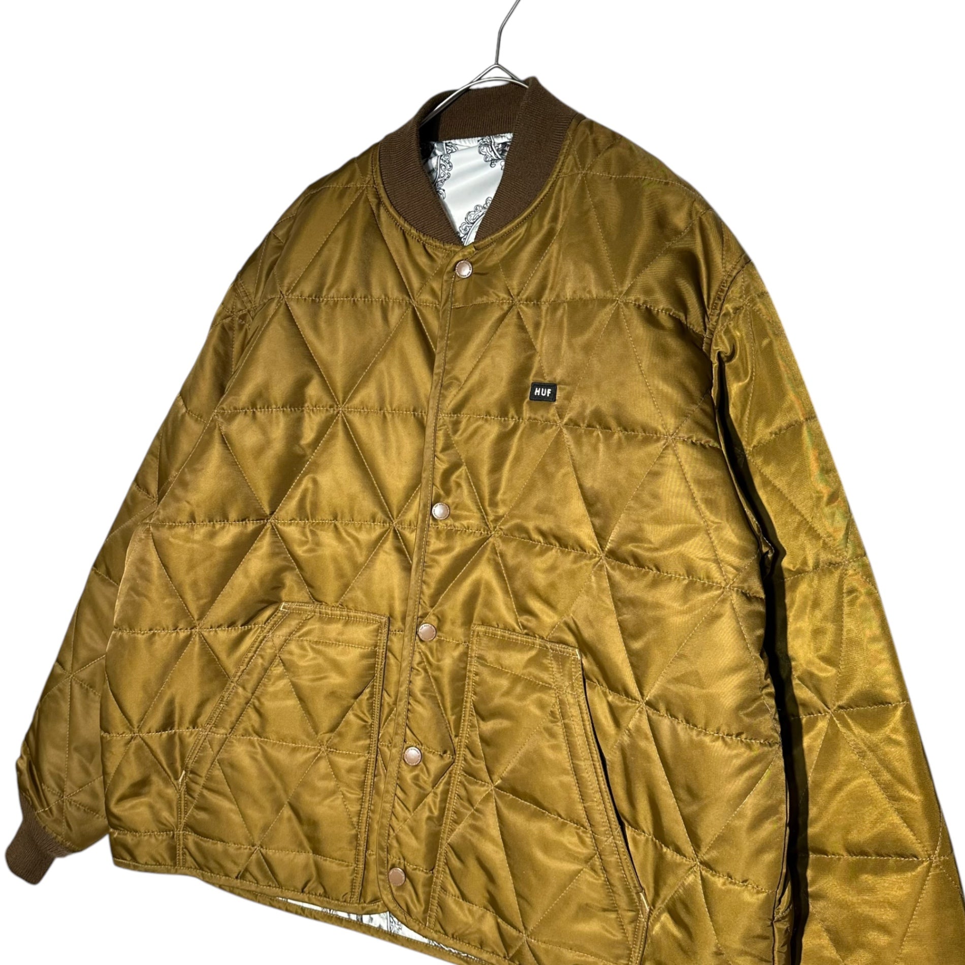 HUF(ハフ) Reversible padded quilted jacket リバーシブル 中綿 キルティング ジャケット L カーキ×ホワイト