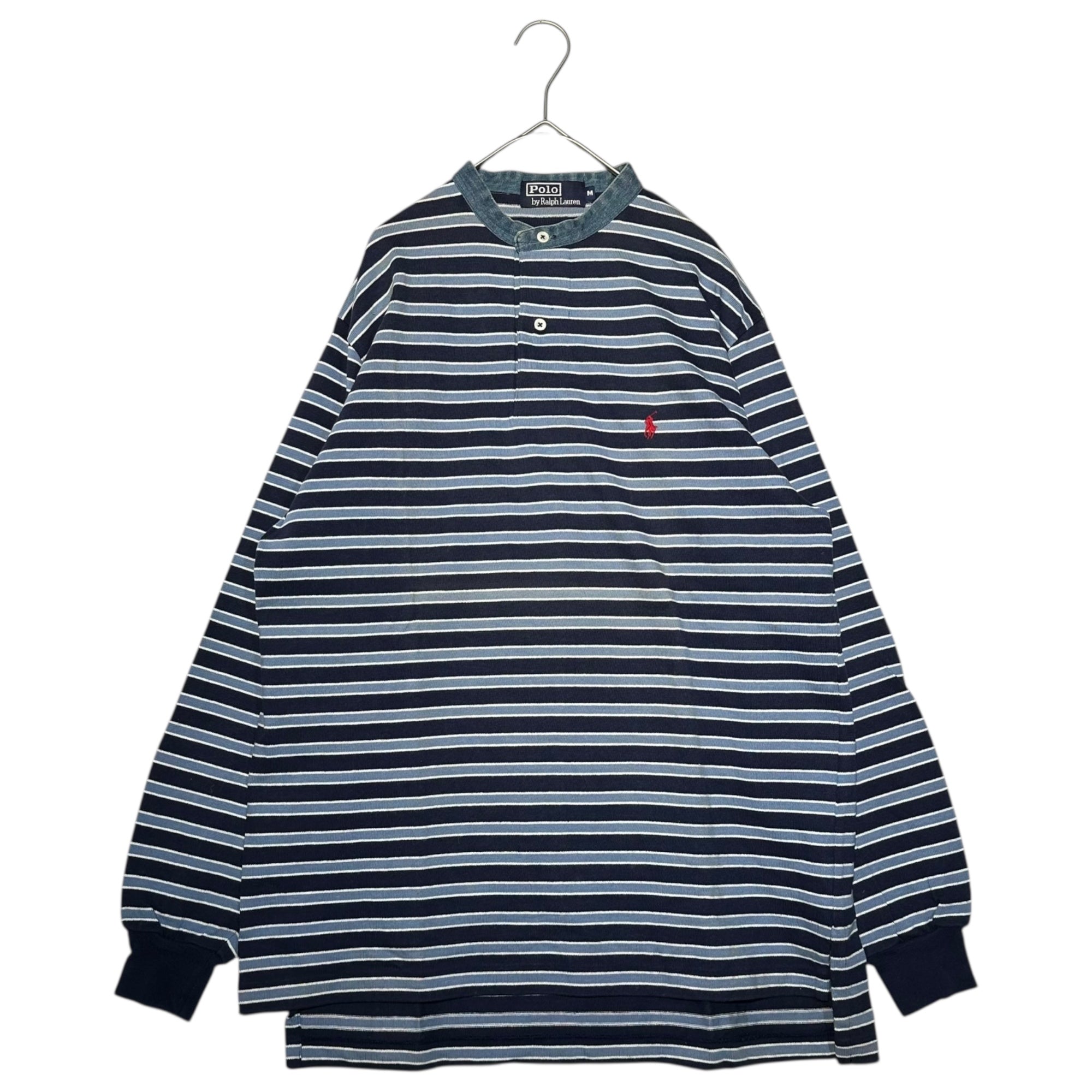 POLO RALPH LAUREN(ポロラルフローレン) 80~90's Denim neck striped henley shirt デニムネック ボーダー ヘンリーネック シャツ M ブルー×ネイビー ナイガイ社製