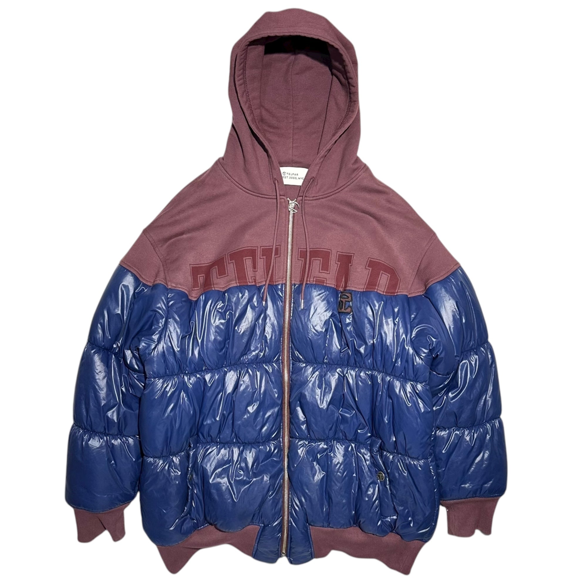 TELFAR(テルファー) Insulated Docking Zip-Up Hoodie 中綿 ドッキング ジップアップ パーカー フーディ fw20-pf-03-0xbl FREE バーガンディ×ブルー