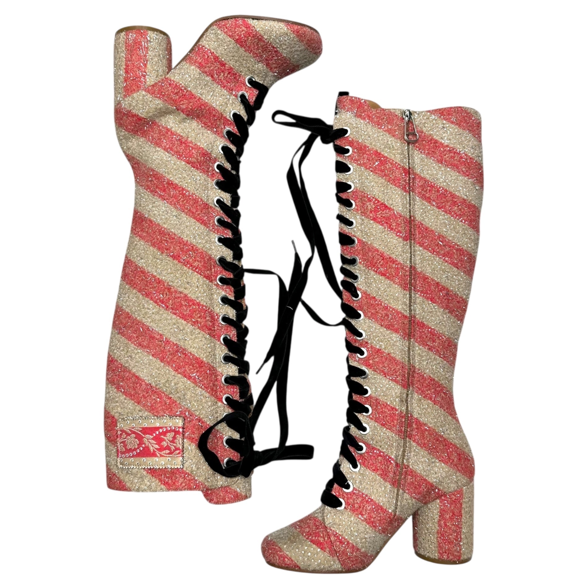 MAISON MARGIELA(メゾンマルジェラ) 17AW Lace-Up Tweed Long Boots レース アップ ツイード ロング ブーツ S58WW0045 37(23.5cm程度) レッド×ベージュ