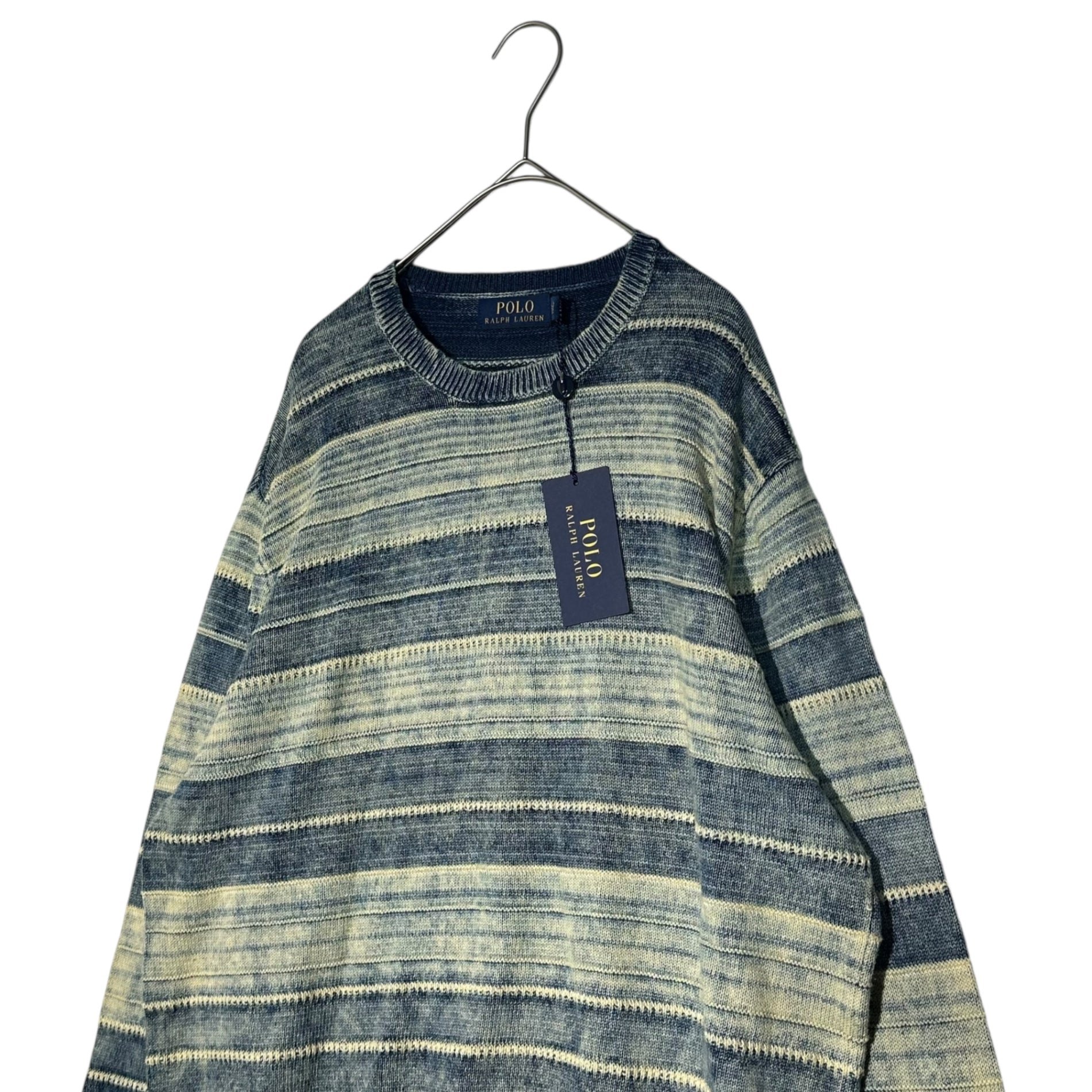POLO RALPH LAUREN(ポロラルフローレン) Indigo-dyed Vintage-Processed Striped Crewneck Knit　インディゴニット ヴィンテージ 加工 ボーダー クルーネック ニット Ｌ インディゴ
