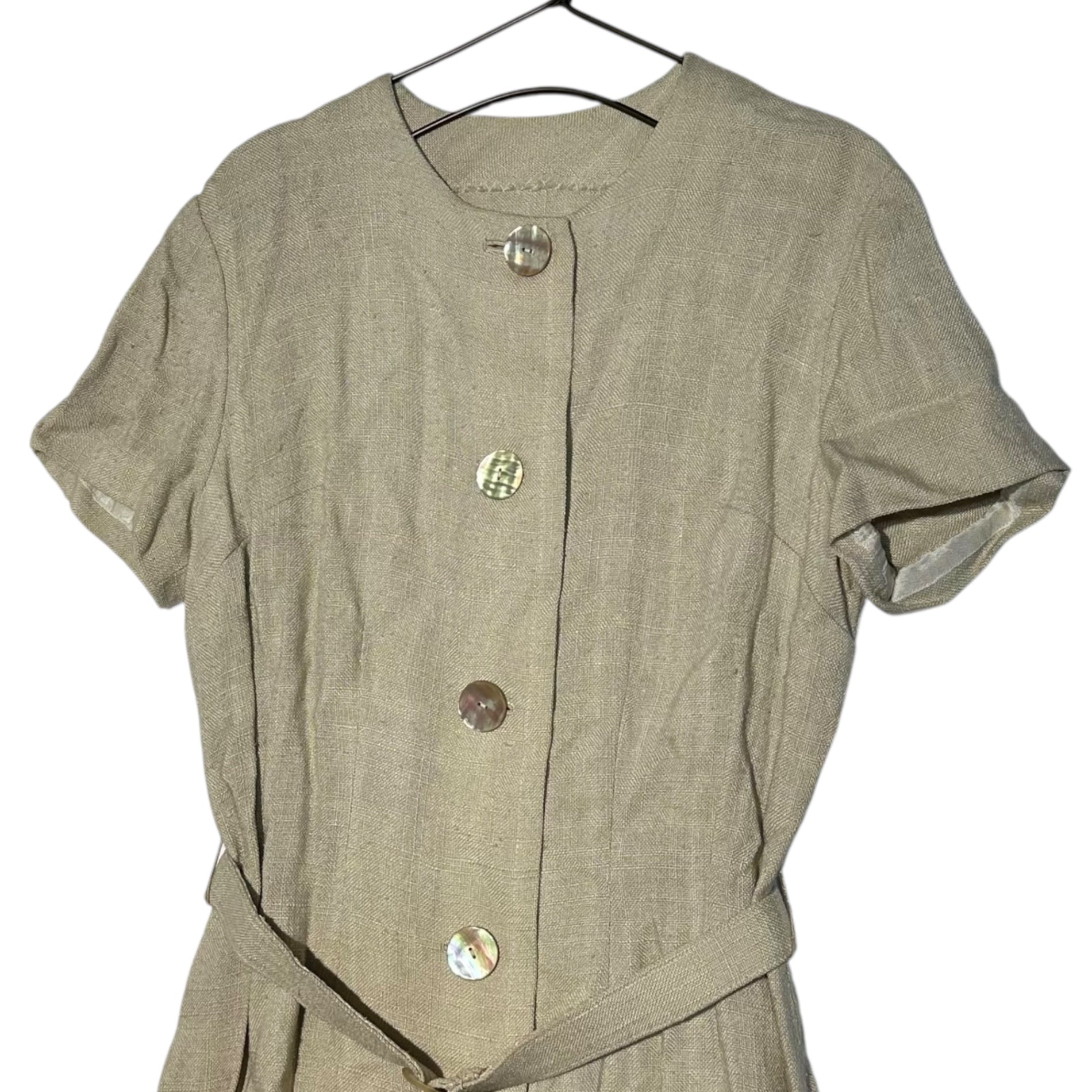 Euro vintage(ヨーロッパヴィンテージ) 30's~ jute_short sleeve onepiece with belt ベルト付き半袖ワンピース 貝ボタン 表記無し(M程度) ベージュ