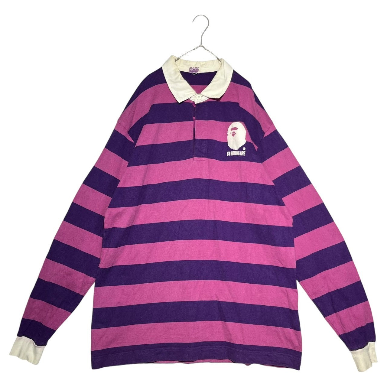 BAPE BY A BATHING APE(ベイプ バイ ア ベイシングエイプ) 00's One point logo border long  sleeve rugby shirt ワンポイント ロゴ ボーダー 長袖 ラグビーシャツ ラガーシャツ 猿 XL パープル