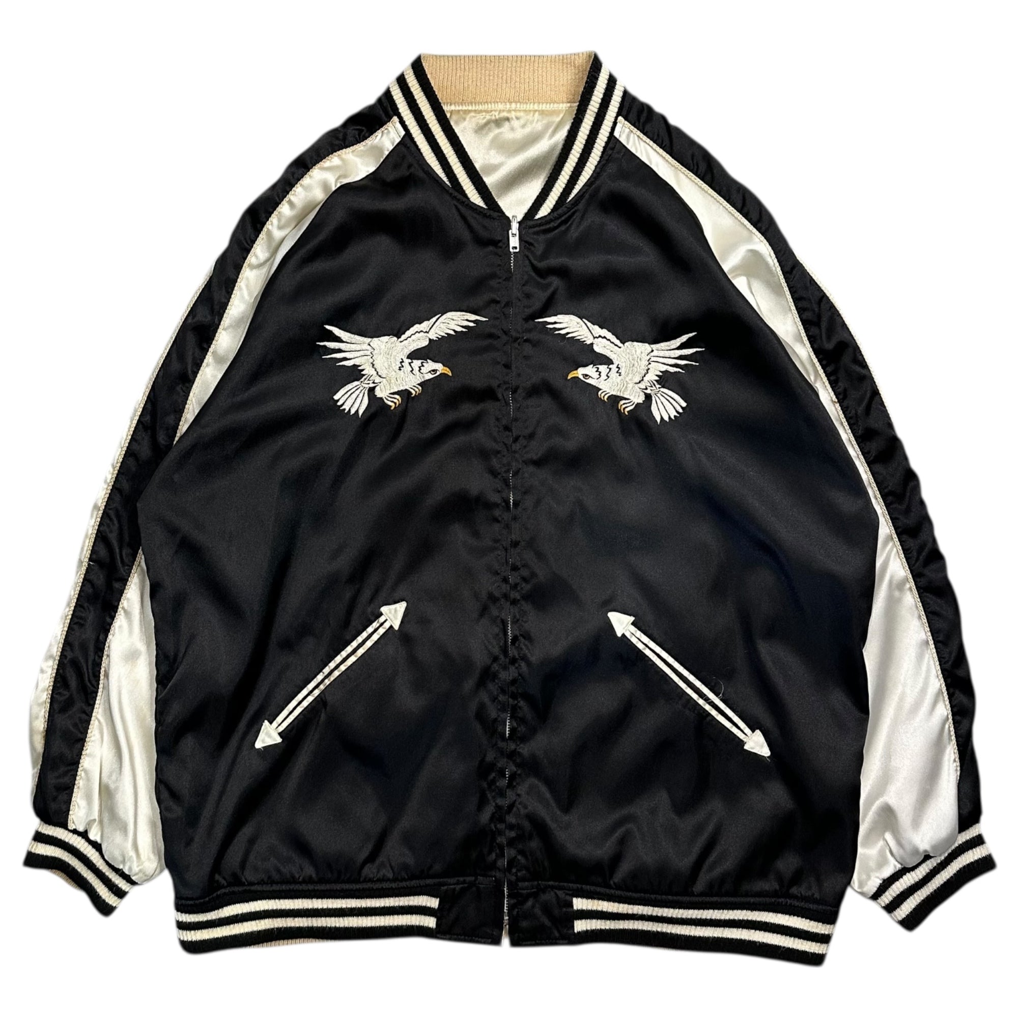 STUSSY(ステューシー) 00's ”Eagle ＆ Mount Fuji” Souvenir jacket 鷹 富士 スカジャン L ブラック×ホワイト OLD ブルゾン リーバーシブル