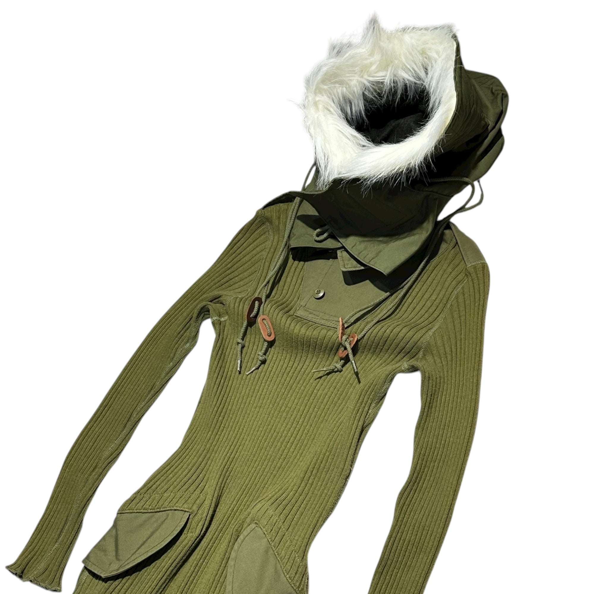 COMME des GARCONS JUNYA WATANABE(コムデギャルソンジュンヤワタナベ) 10AW Military Hooded Ribbed One-Piece ミリタリー フーデッド リブ ワンピース JF-O009 S セージグリーン AD2010 コレクションLOOK 着用品 稀少アイテム