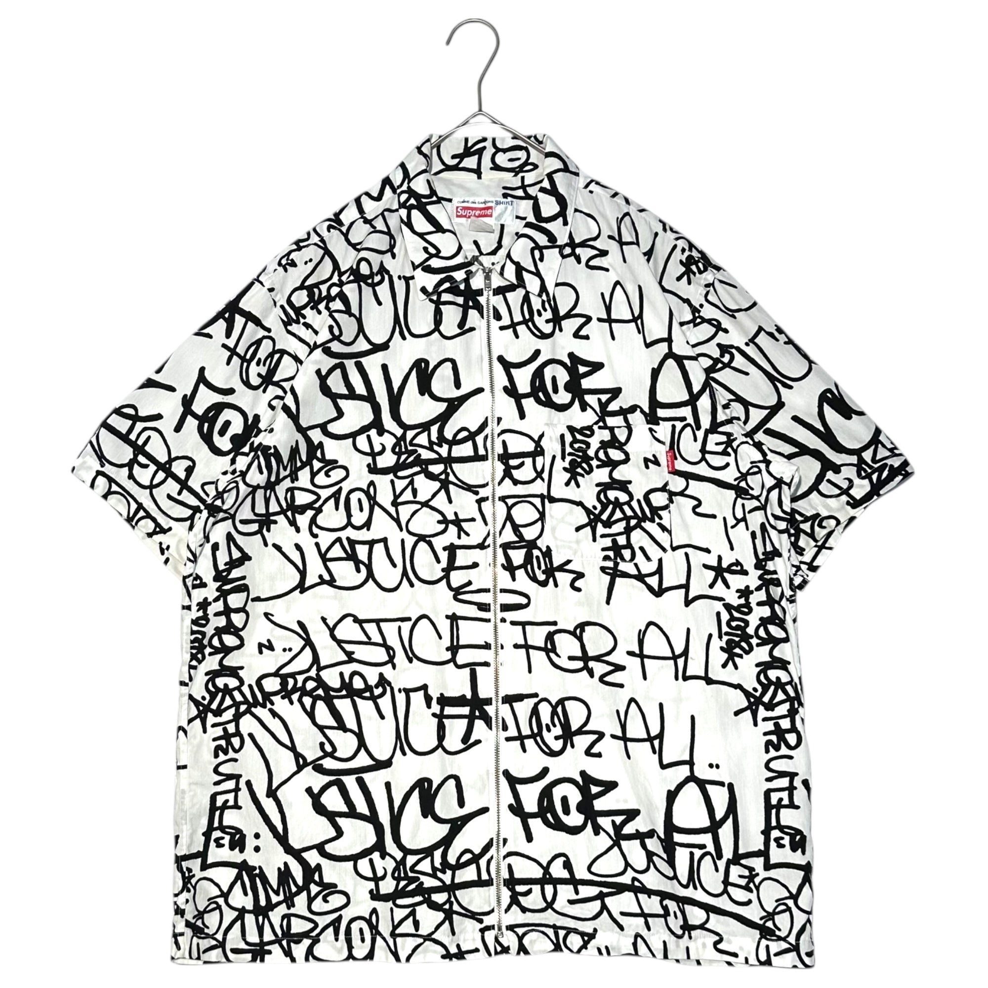 Supreme×COMME des GARCONS SHIRT(シュプリーム×コムデギャルソンシャツ) 18AW Graphic S/S Shirt コムデギャルソンシャツ グラフィック ジップアップ 半袖 シャツ S1FW18 L ホワイト×ブラック 18FW コラボアイテム