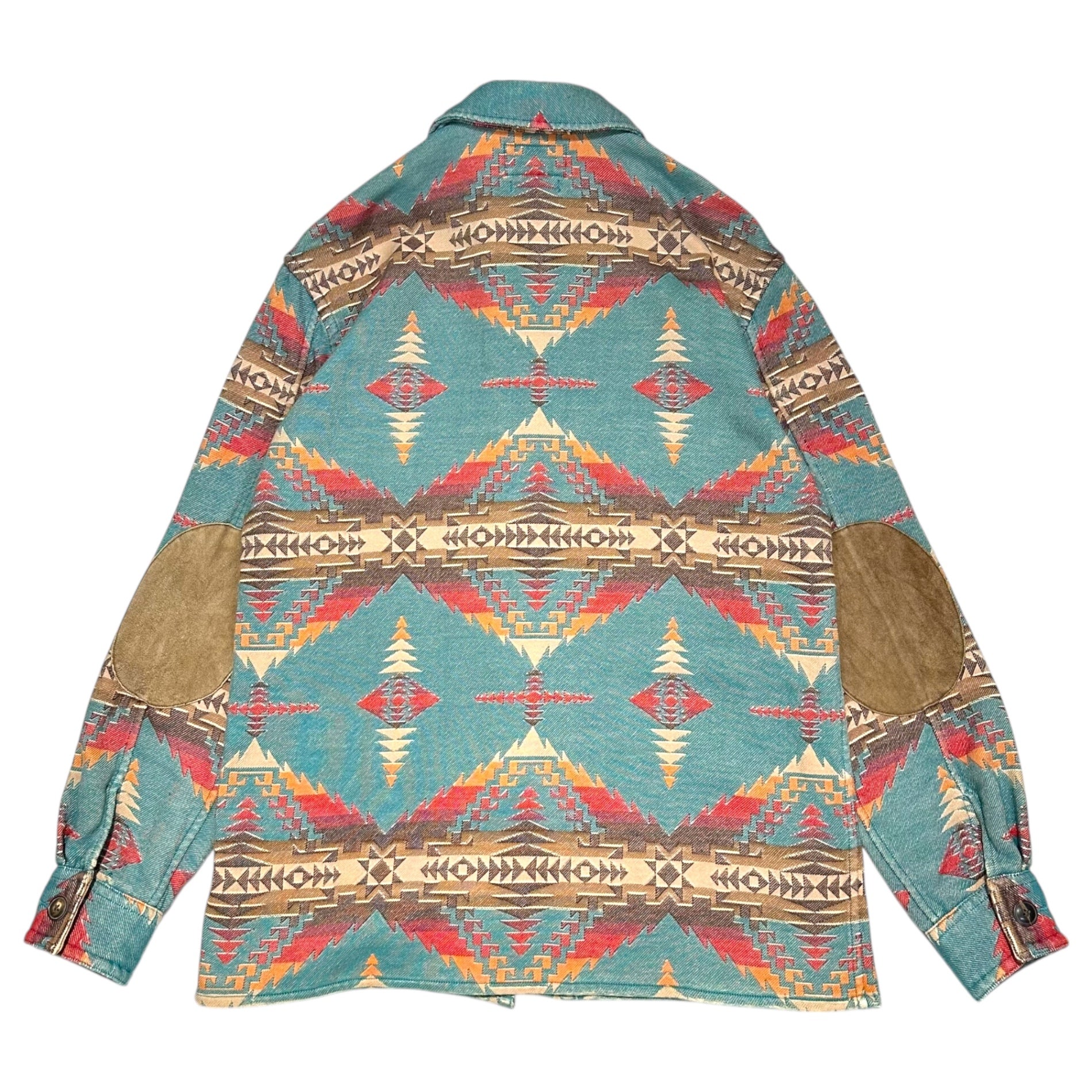 RRL(ダブルアールエル) NATIVE JACQUARD OVER SHIRT ネイティブ柄 コットン ジャガード エルボーパッチ シャツ ジャケット S ターコイズブルー×ブラウン