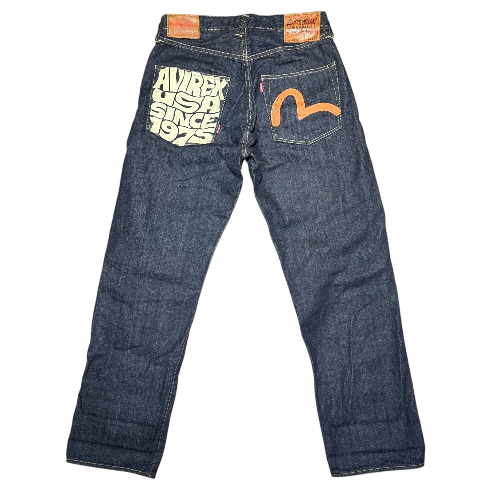 EVISU×AVIREX(エヴィス×アヴィレックス) AVIREX SPECIAL LOT 2001 30周年 限定コラボ カモメ ペイント セルビッチ デニム パンツ Lot 2001 34×32 インディゴ エビス ジーンズ