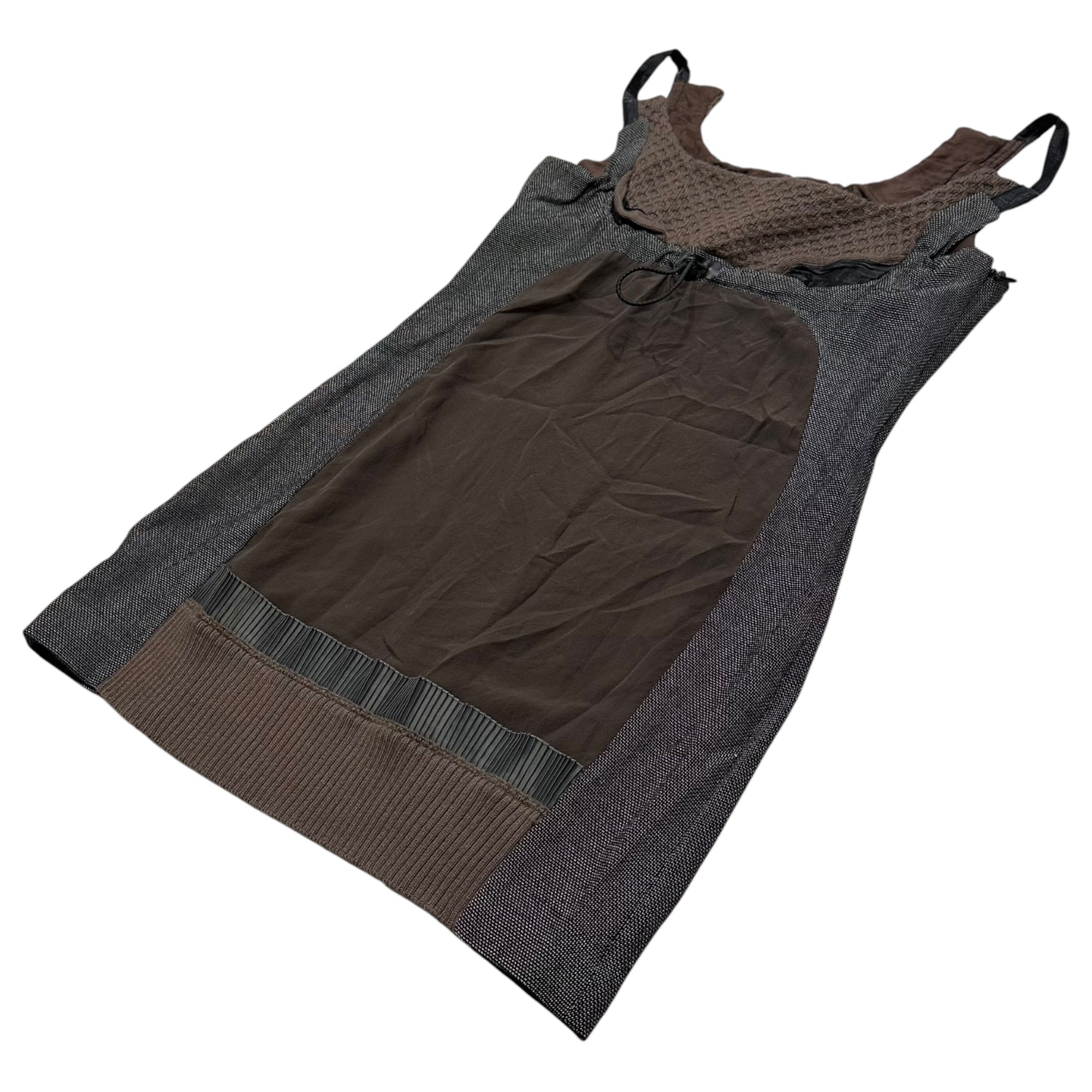 UNDERCOVER(アンダーカバー) 2007AW Purple Collection Mixed-Fabric Paneled Drawstring Silk Sleeveless Blouse パープル期 異素材 切替 ドローコード シルク ノースリーブ ブラウス 7A70-OP8  2 ブラウン×ブラック コレクションランウェイ 着用アイテム アーカイブ 稀少品