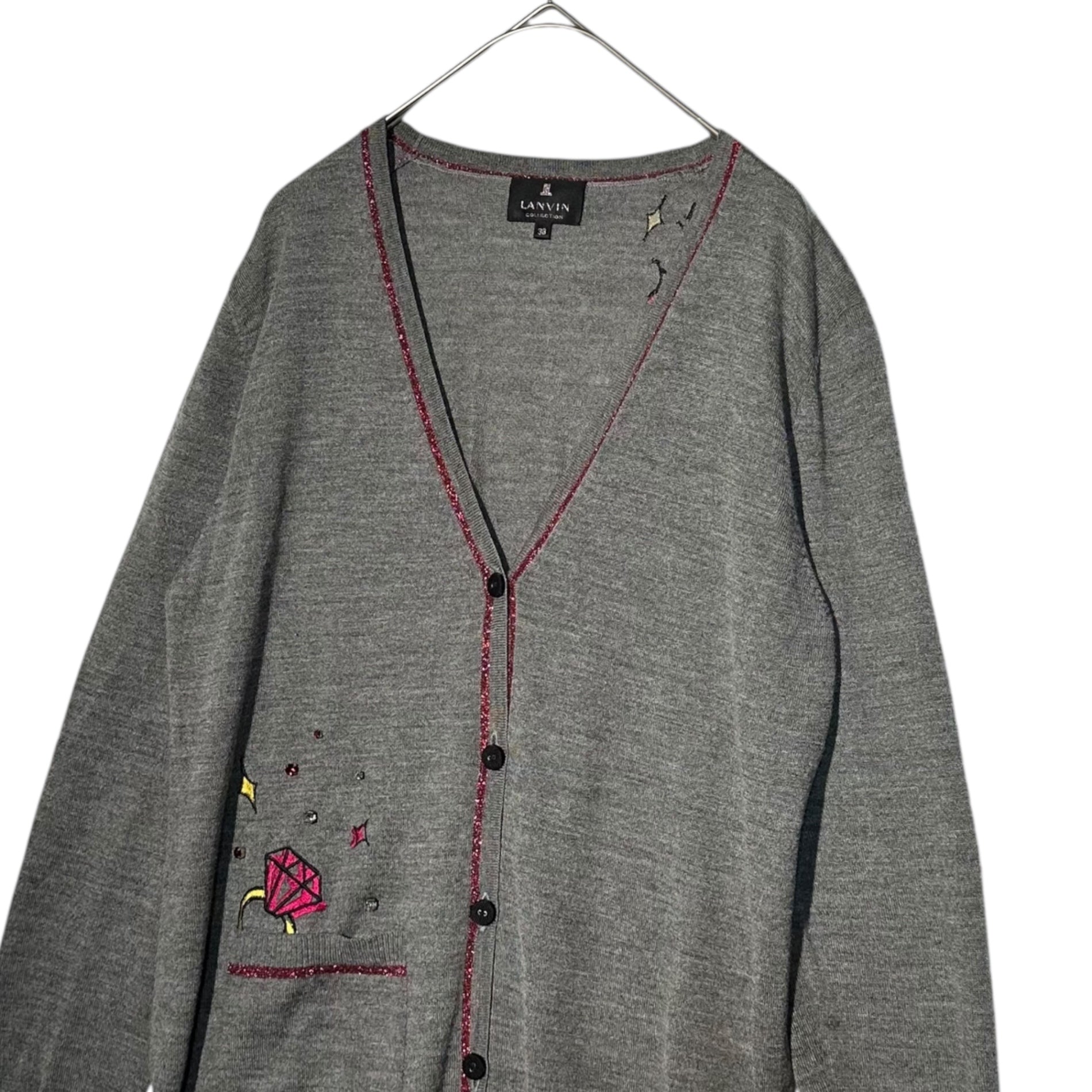 LANVIN COLLECTION(ランバン コレクション) Beaded Patch Decoration Ensemble Cardigan ビーズ ワッペン 装飾 アンサンブル カーディガン 38(M程度) グレー