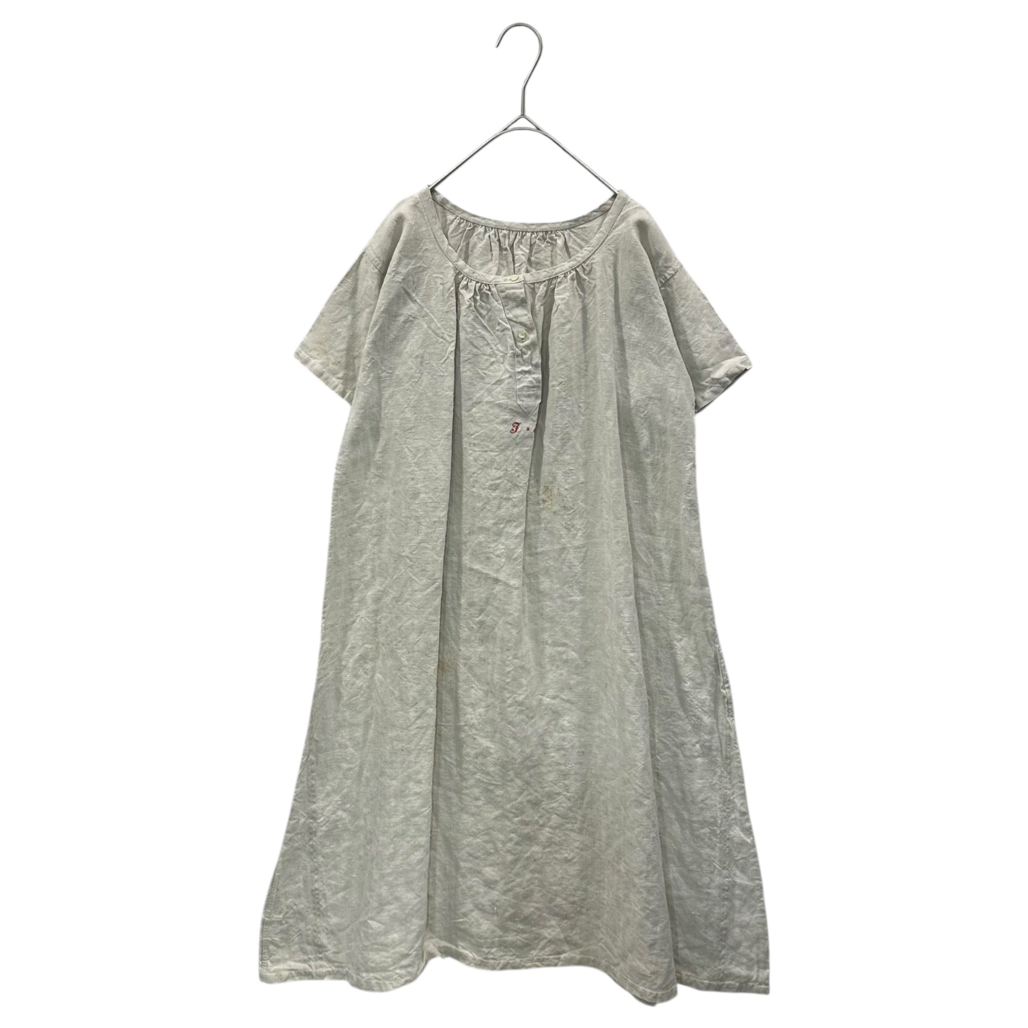 Euro antique(ヨーロッパアンティーク) 00's~ 「FB」_red name stich victoria cotton short sleeve onepiece ネーム刺繡入りヴィクトリアンコットン半袖ワンピース 表記無し(M～L程度) ベージュ / 染み有