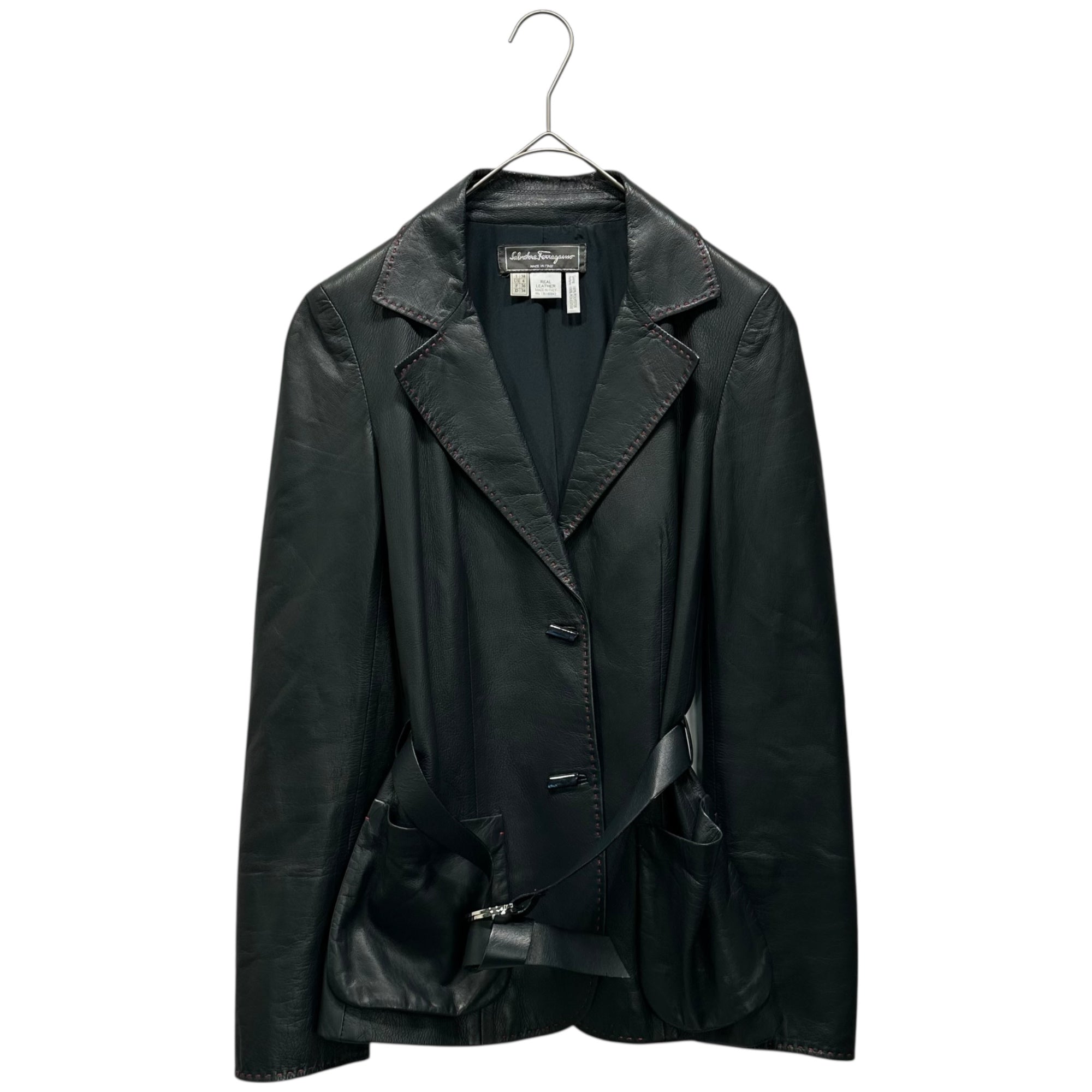 Salvatore Ferragamo(サルヴァトーレフェラガモ) Vintage Red Stitch Leather Tailored Jacket ヴィンテージ レッドステッチ レザー テーラード ジャケット 136180843 XS～S程度 ダークネイビー