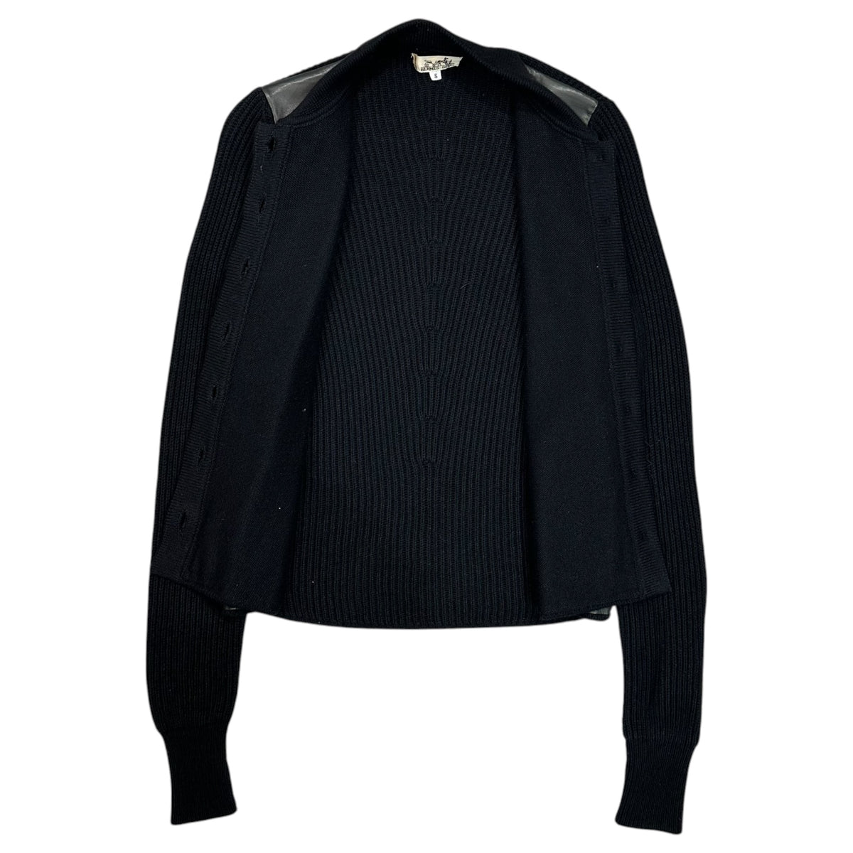 HERMES(エルメス) 1990's Leather-Accent Cashmere and Silk Knit Shirt レザー切替 カシミア シルク ニット シャツ S ブラック カシミア67% 90s アーカイブ 襟付き カーディガン