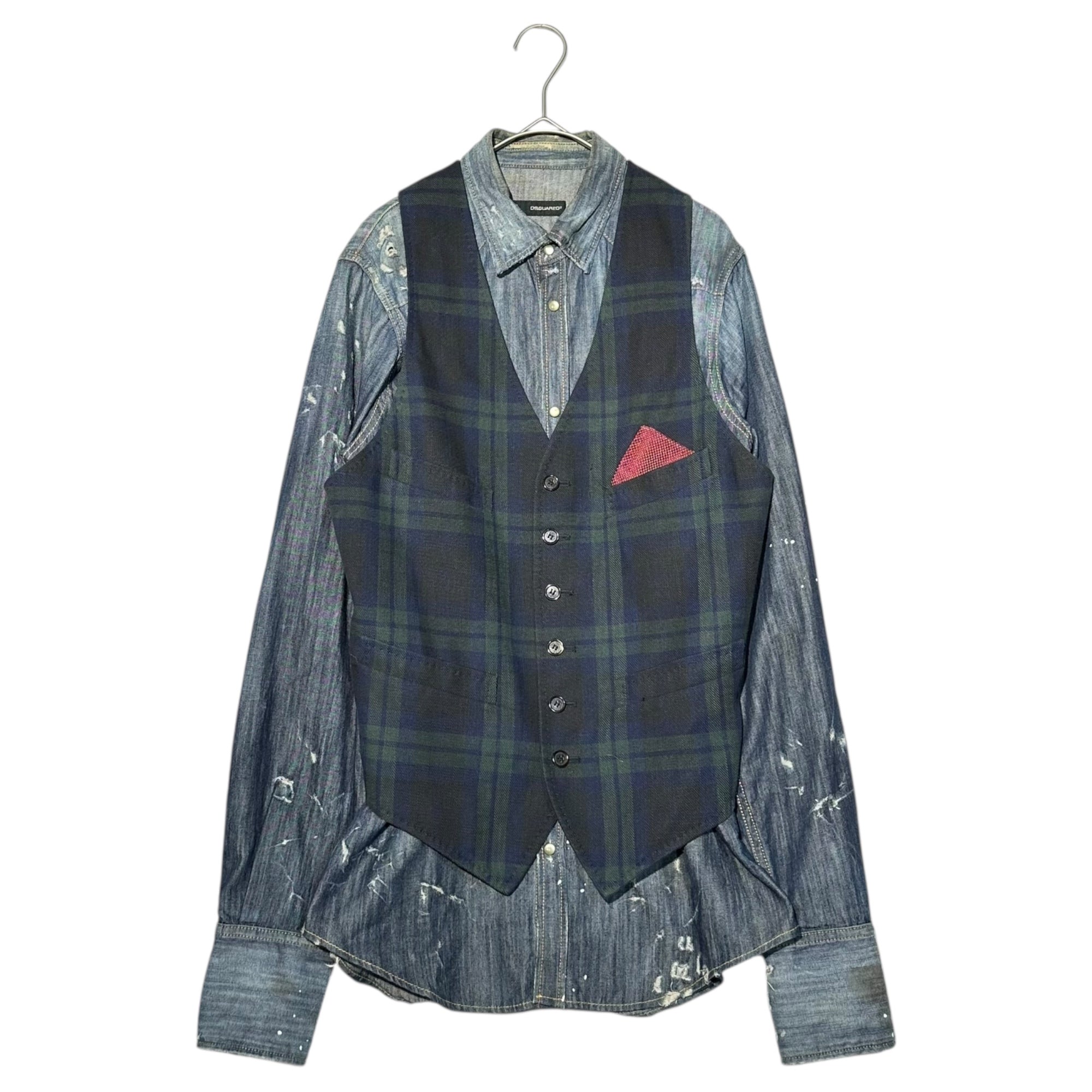 DSQUARED2(ディースクエアード) Vintage processed vest docking denim shirt ヴィンテージ加工 ベスト ドッキング デニム シャツ 46(S) インディゴ