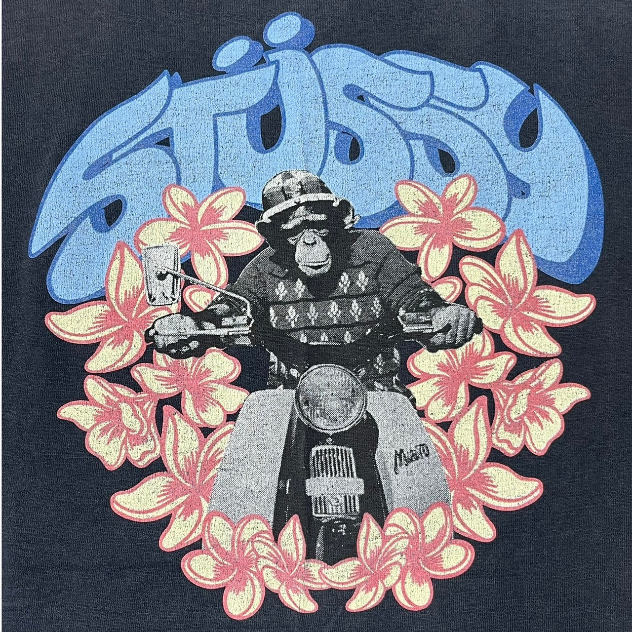 STUSSY(ステューシー) 90's~00's hibiscus & chimpanzee rider Tシャツ ハイビスカス チンパンジー ライダー 紺タグ SIZE M ネイビー 90~00年代 OLD STUSSY