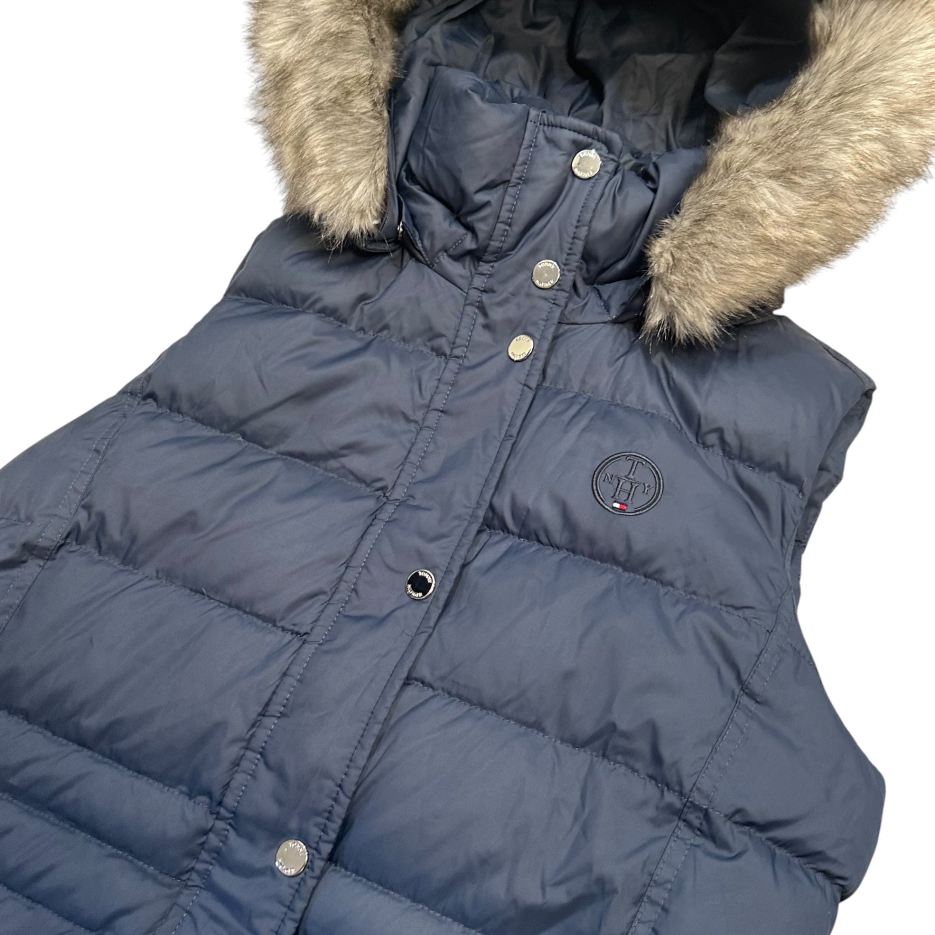 TOMMY HILFIGER(トミーヒルフィガー) Hooded eco-fur down vest フーデッド エコファー ダウン ベスト L ネイビー