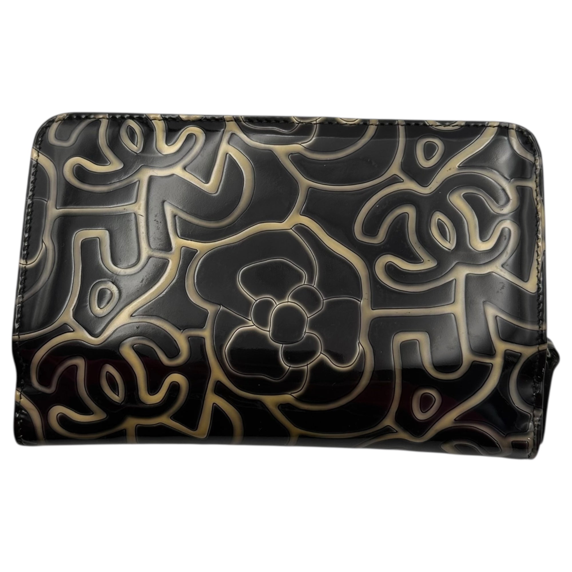 CHANEL(シャネル) Camellia Coco Mark Enamel Leather Bifold Wallet カメリア ココマーク エナメルレザー 2つ折り財布 ブラック×ベージュ