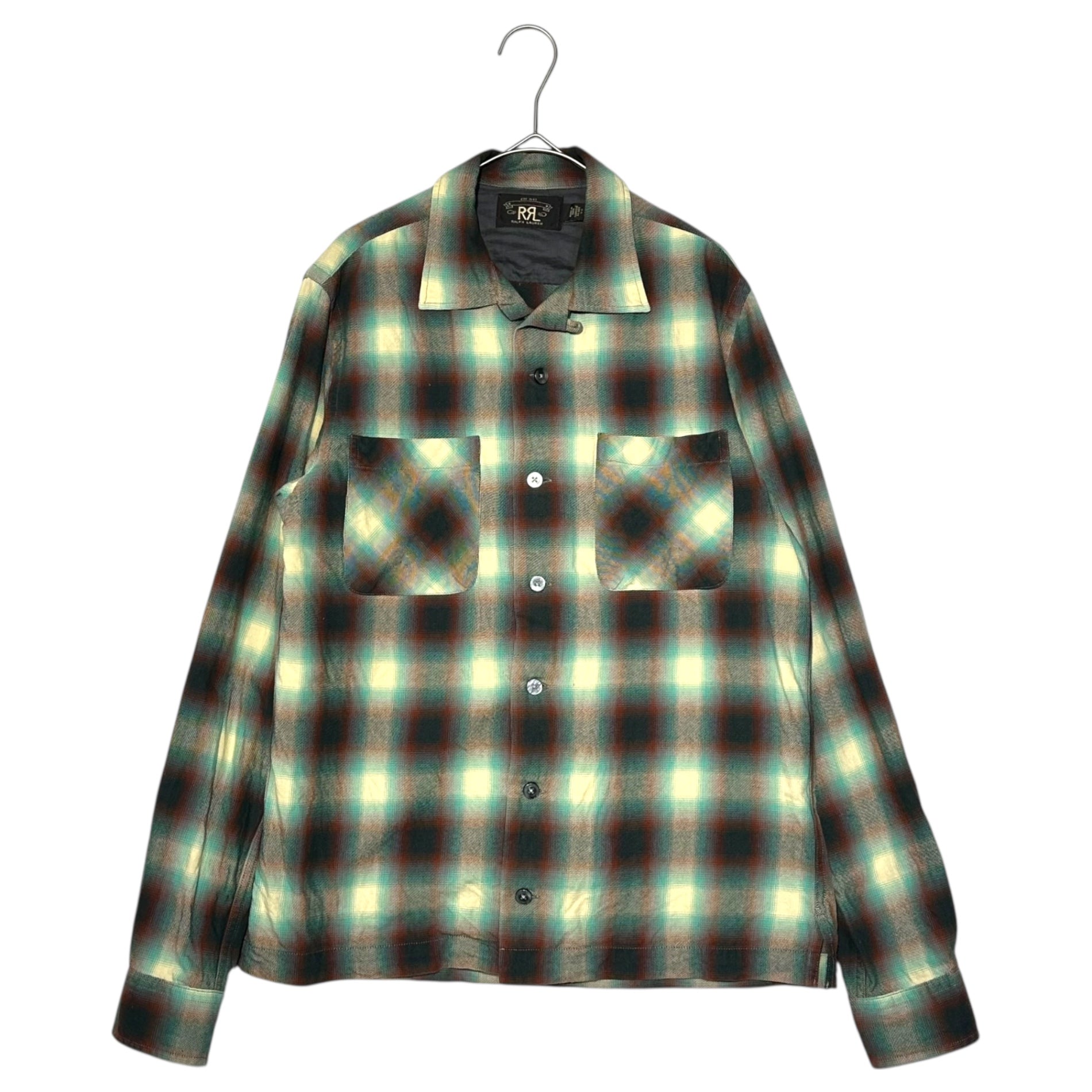 RRL(ダブルアールエル) Towns Camp L/S Sport Shirt オンブレ チェック オープンカラー 長袖 シャツ S ライトグリーン×ブラウン×ホワイト 開襟 タウンズキャンプ