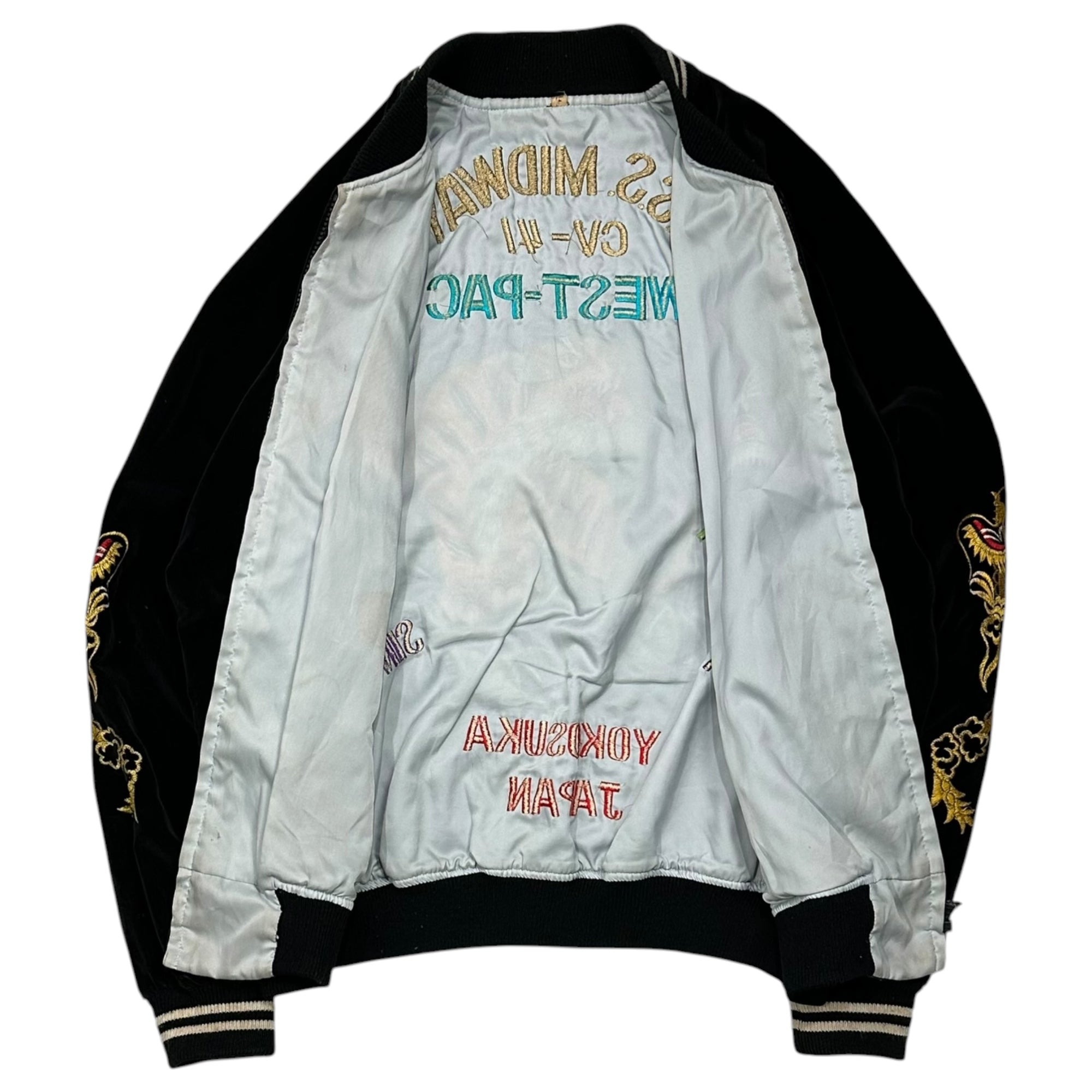 VINTAGE(ヴィンテージ) 1980's~1990’s ”U.S.S. MIDWAY CV-41” Souvenir Jacket 別珍 スーベニア ジャケット L ブラック×ライトグレー 80年代～90年代 ヴィンテージ YKKジップ 横須賀