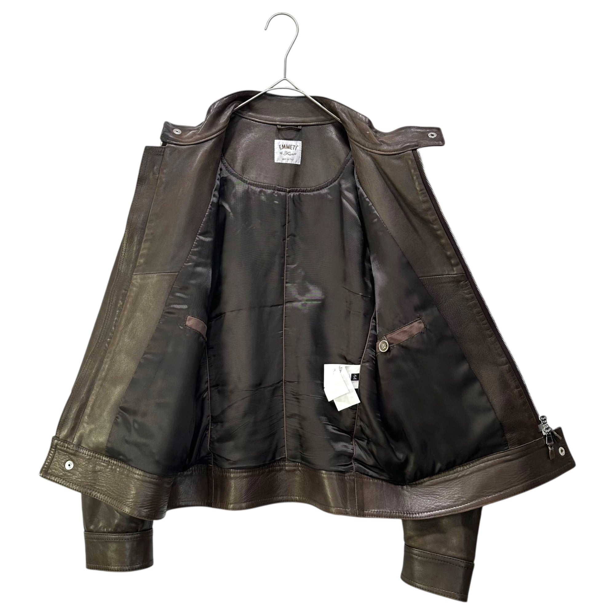 EMMETI(エンメティ) Lambskin Single-Breasted Leather Rider Jacket ラムスキン シングル レザー ライダース ジャケット 44 ブラウン イタリア製