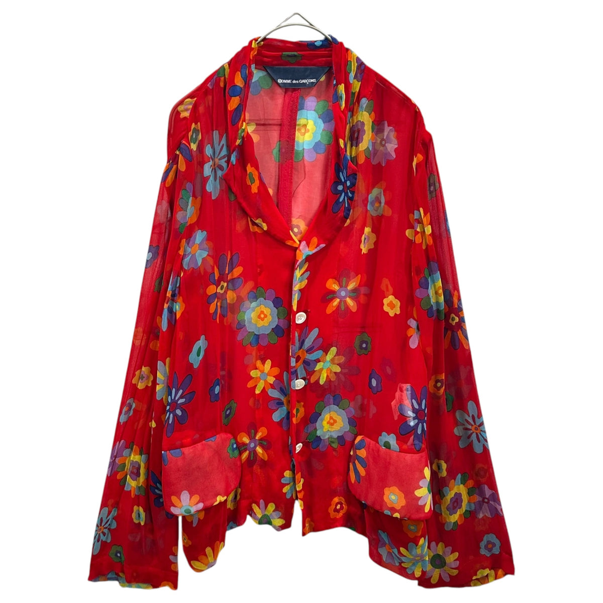 COMME des GARCONS(コムデギャルソン) 1996AW Aoyama Exclusive: Padded Flap Pocket Floral Print Cupro Sheer Shirt Jacket 青山限定 中綿 フラップポケット フローラル プリント シアー シャツ ジャケット KX-611020 FREE レッド×マルチカラー AD1996 90s アーカイブ Flowering Clothes フラワーリング クローズ
