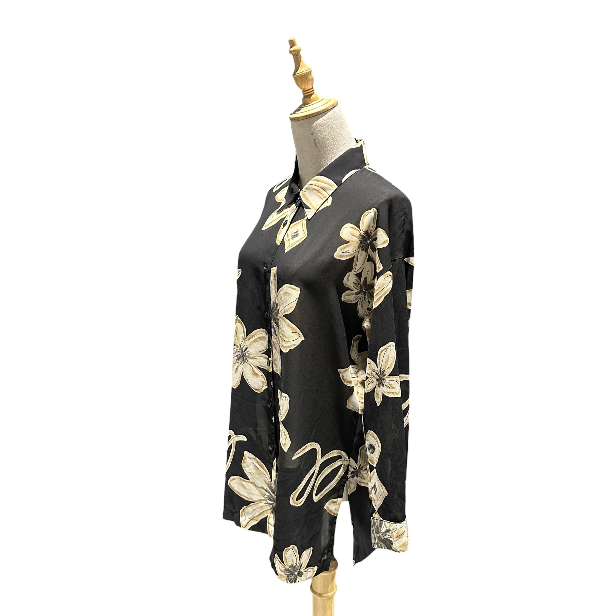 ISSEY MIYAKE(イッセイミヤケ) 1993SS Large Ink Wash Flower Print Sheer Shirt 大輪の水墨花 シアー シャツ IM91-JF343 M ブラック 90's 90年代 メンズ着用可