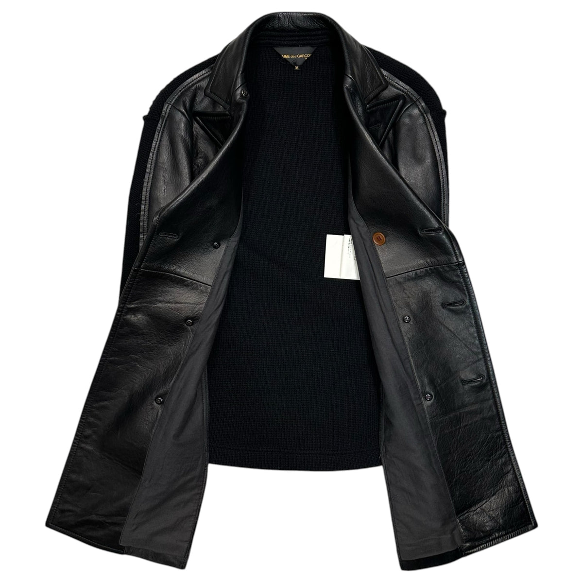 COMME des GARCONS(コムデギャルソン) 2002AW Leather ＆ Knit-Paneled Double-Dreasted Coat レザー ニット ドッキング ダブル ブレスト コート GG-J036 M ブラック AD2002 00's ジャケット