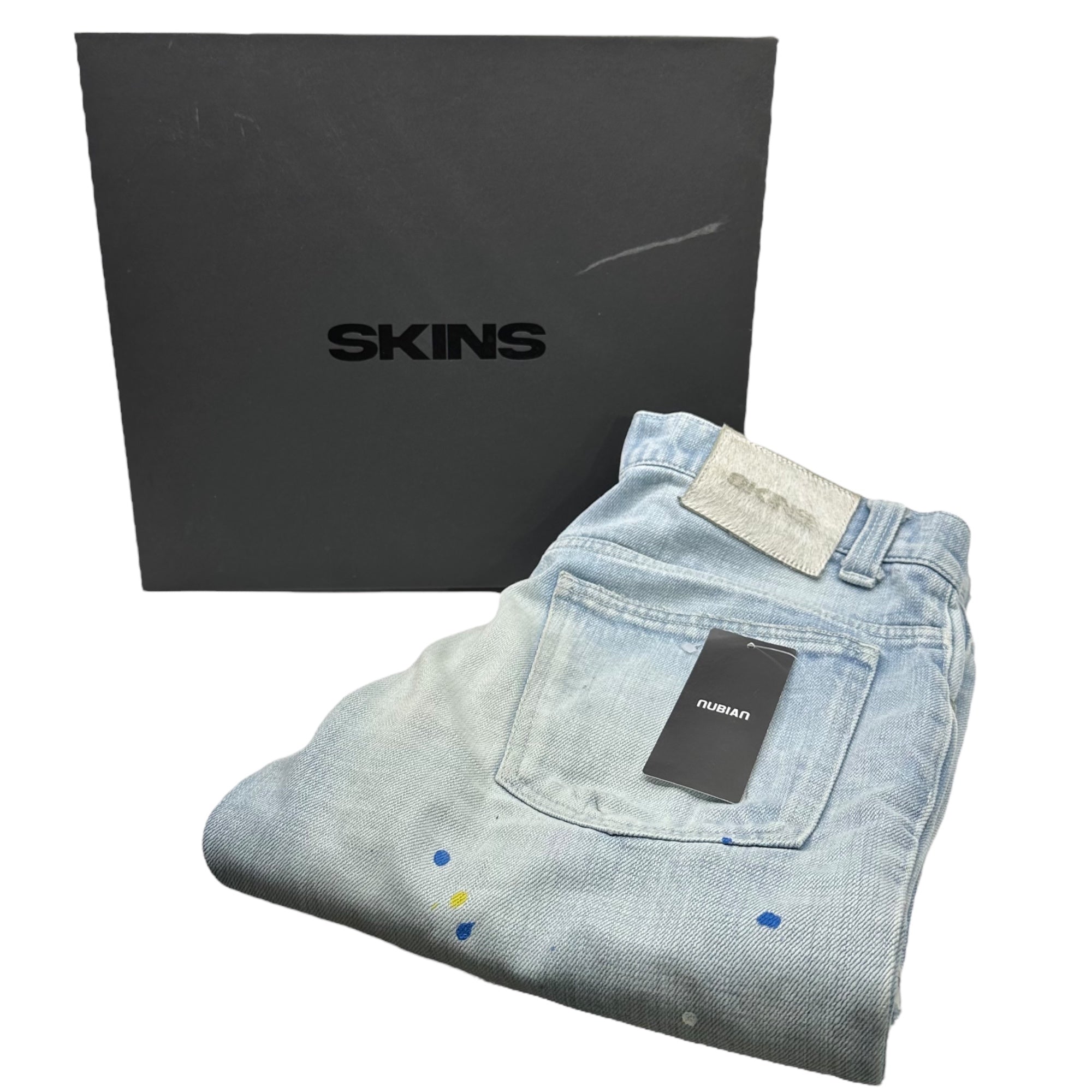 SKINS(スキンズ) Painted Flared Denim Pants ペンキ ダメージ 加工 フレア デニム パンツ 2(M程度) ライトインディゴ 日本製