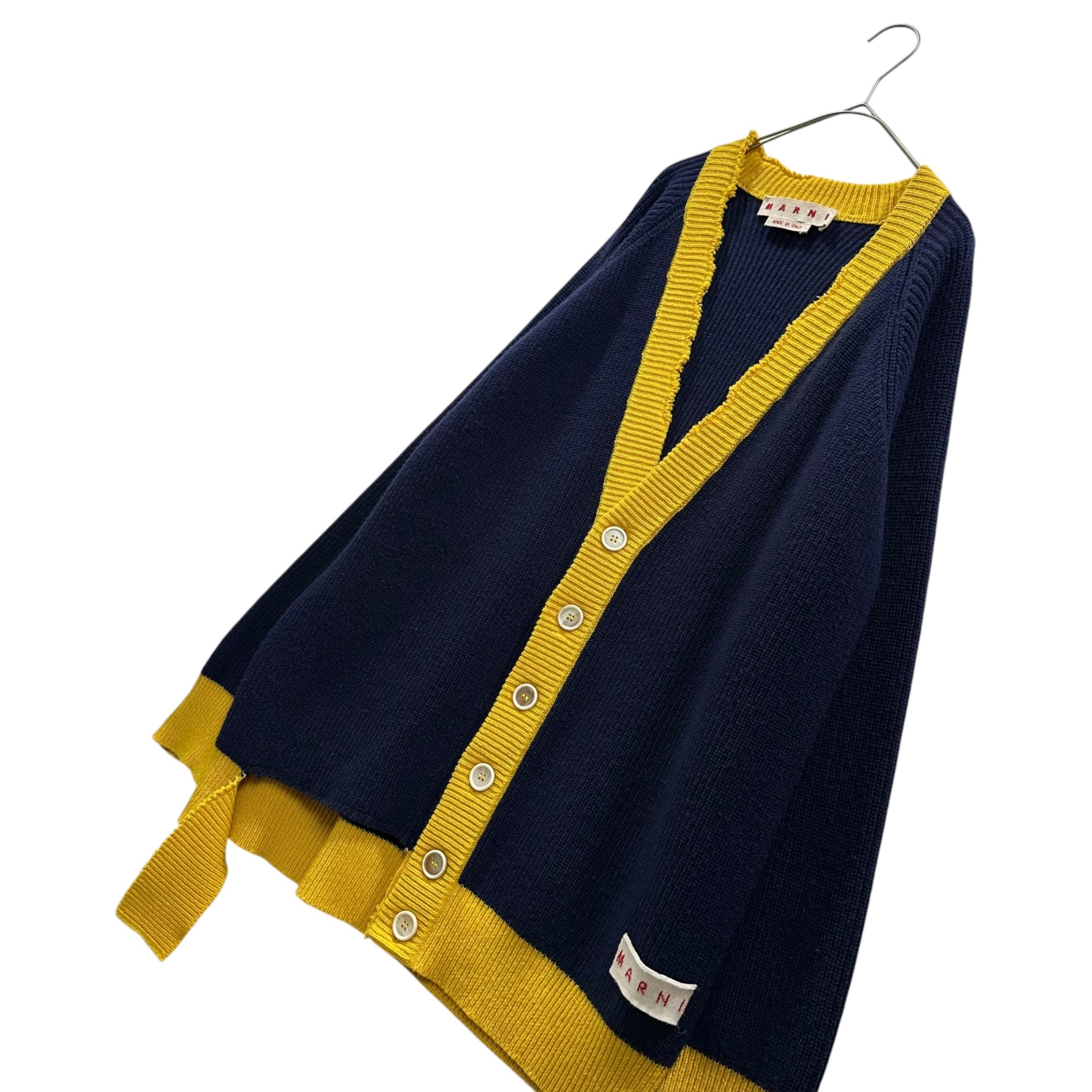 MARNI(マルニ) 2023AW Broken Fisherman Cardigan ブロークン フィッシャーマン カーディガン CDMD0256Q1 40 ネイビー×イエロー ダメージ加工