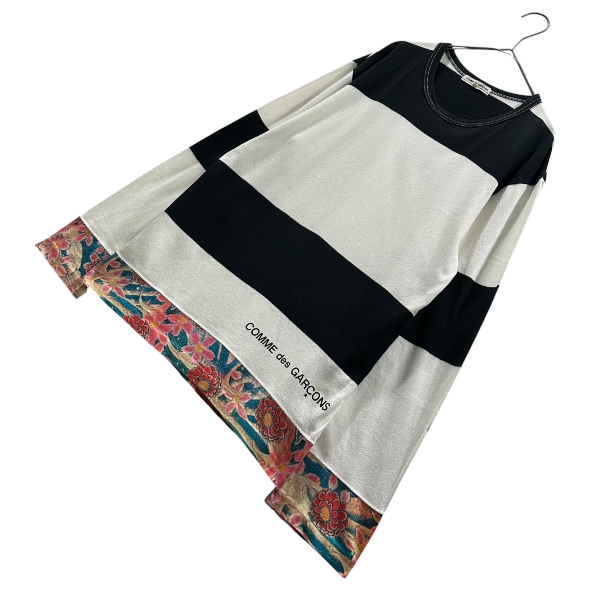 COMME des GARCONS(コムデギャルソン) 2008SS Floral-Print Striped L/S T-Shirt フローラル切替 ボーダー 長袖 Tシャツ OA-T002 S ホワイト×ブラック×マルチカラー