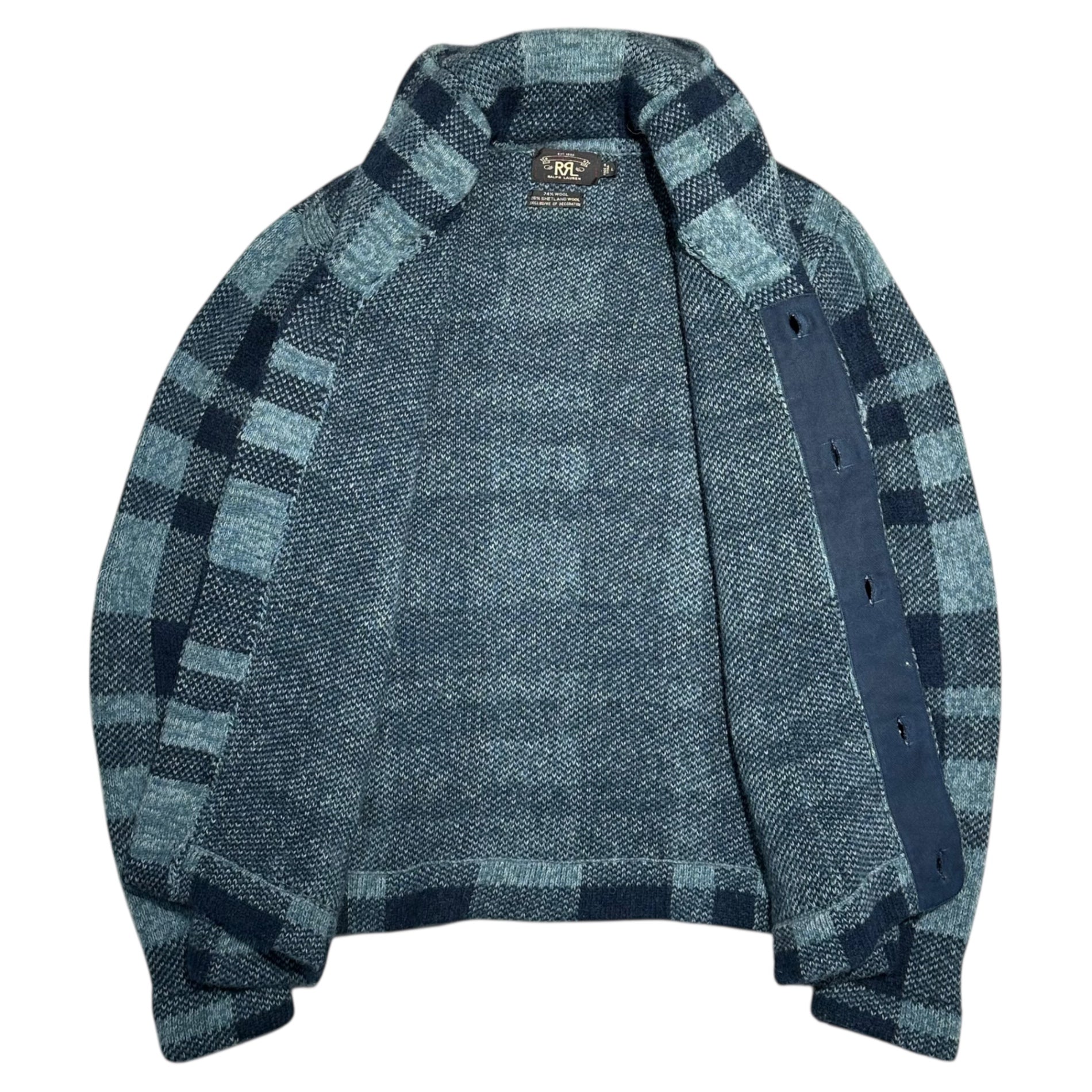 RRL(ダブルアールエル) Shetland Wool Shawl Collar Check Knit Cardigan シェットランドウール ショールカラー チェック ニット カーディガン L ブルー×ネイビー 海外購入品