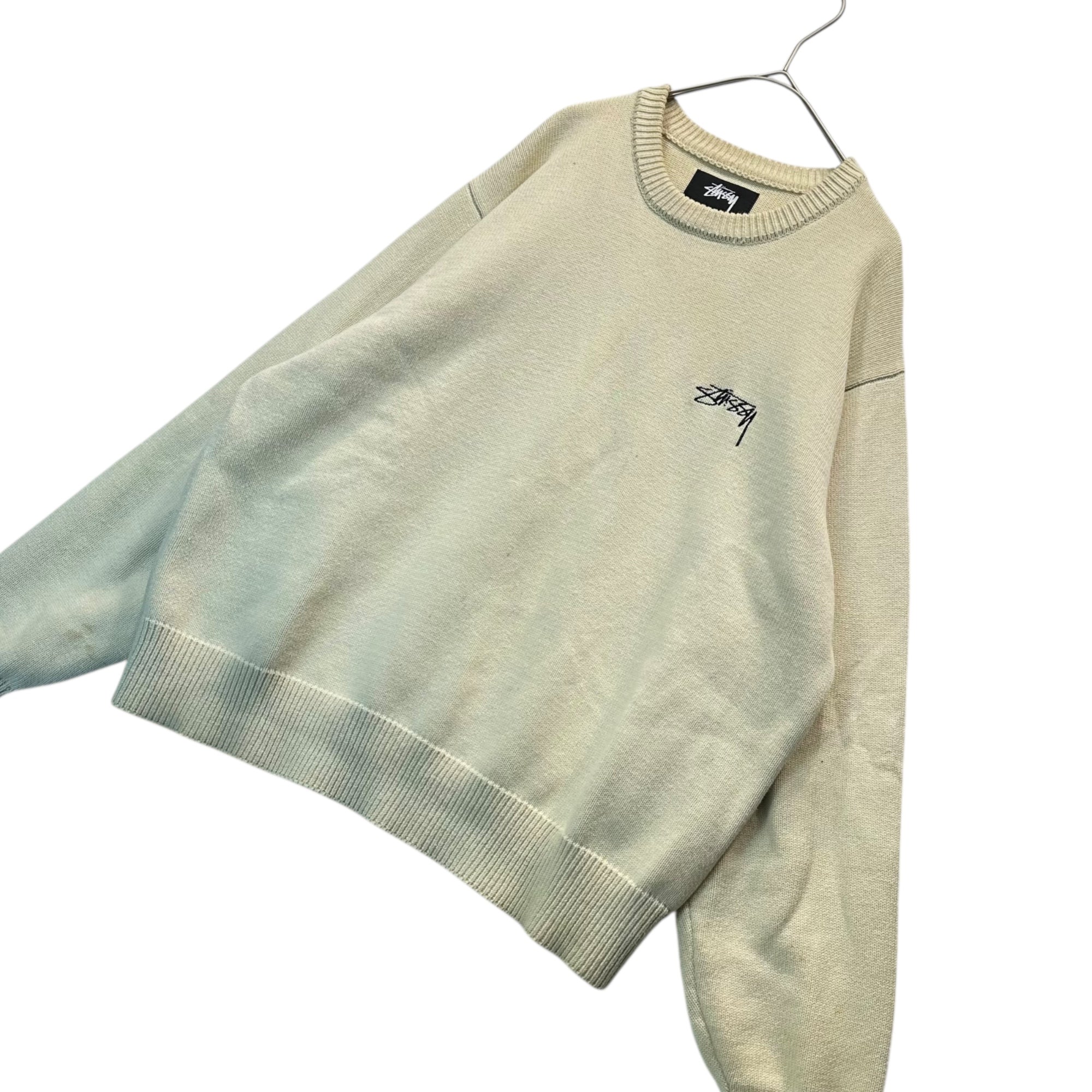 STUSSY(ステューシー) 22AW Care Label Sweater ケア ラベル セーター S グリーン×ホワイト クルーネック ロゴ ニット コットン